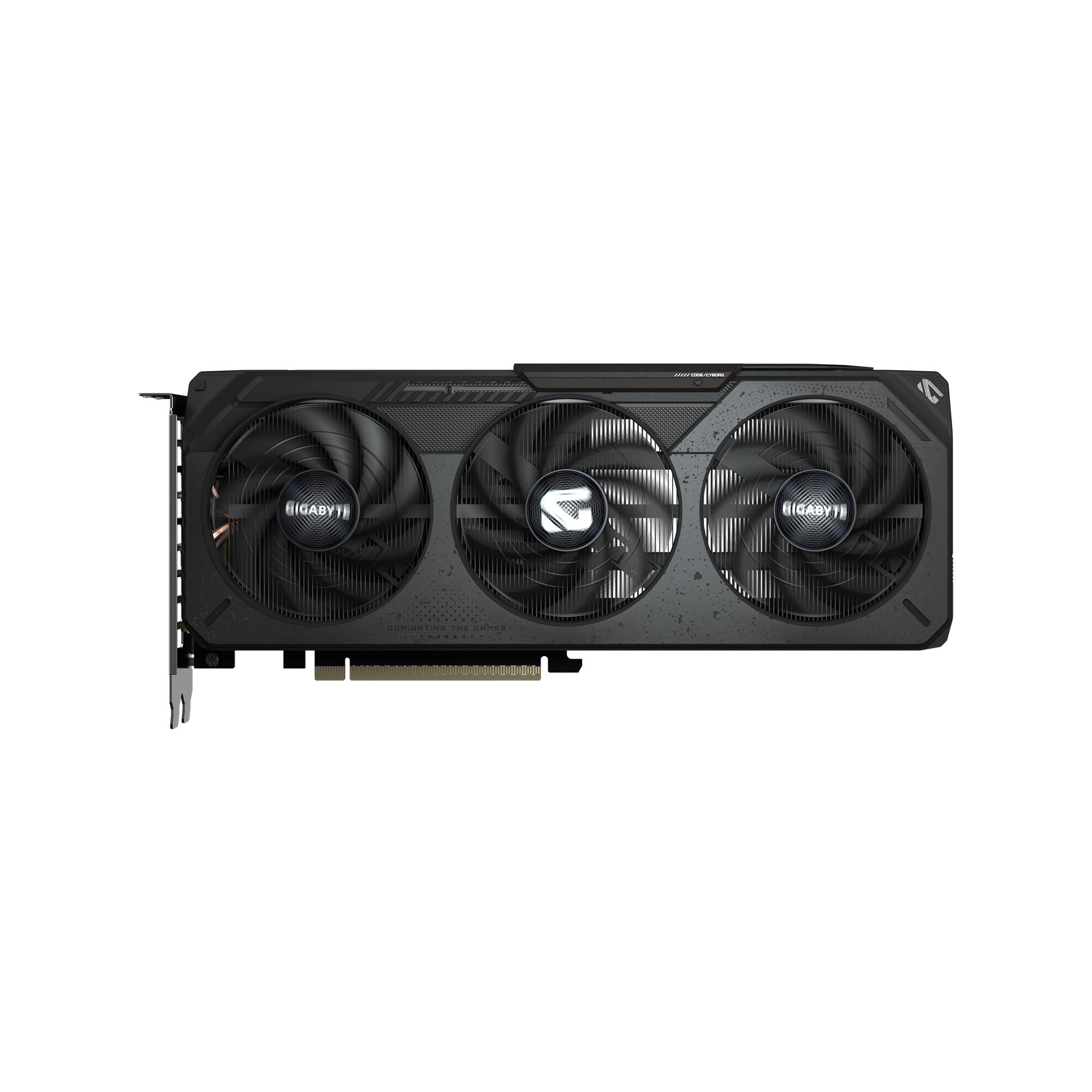 Schwarze Gigabyte-Grafikkarte mit drei Kühlventilatoren auf einfarbigem schwarzem Hintergrund dargestellt.
