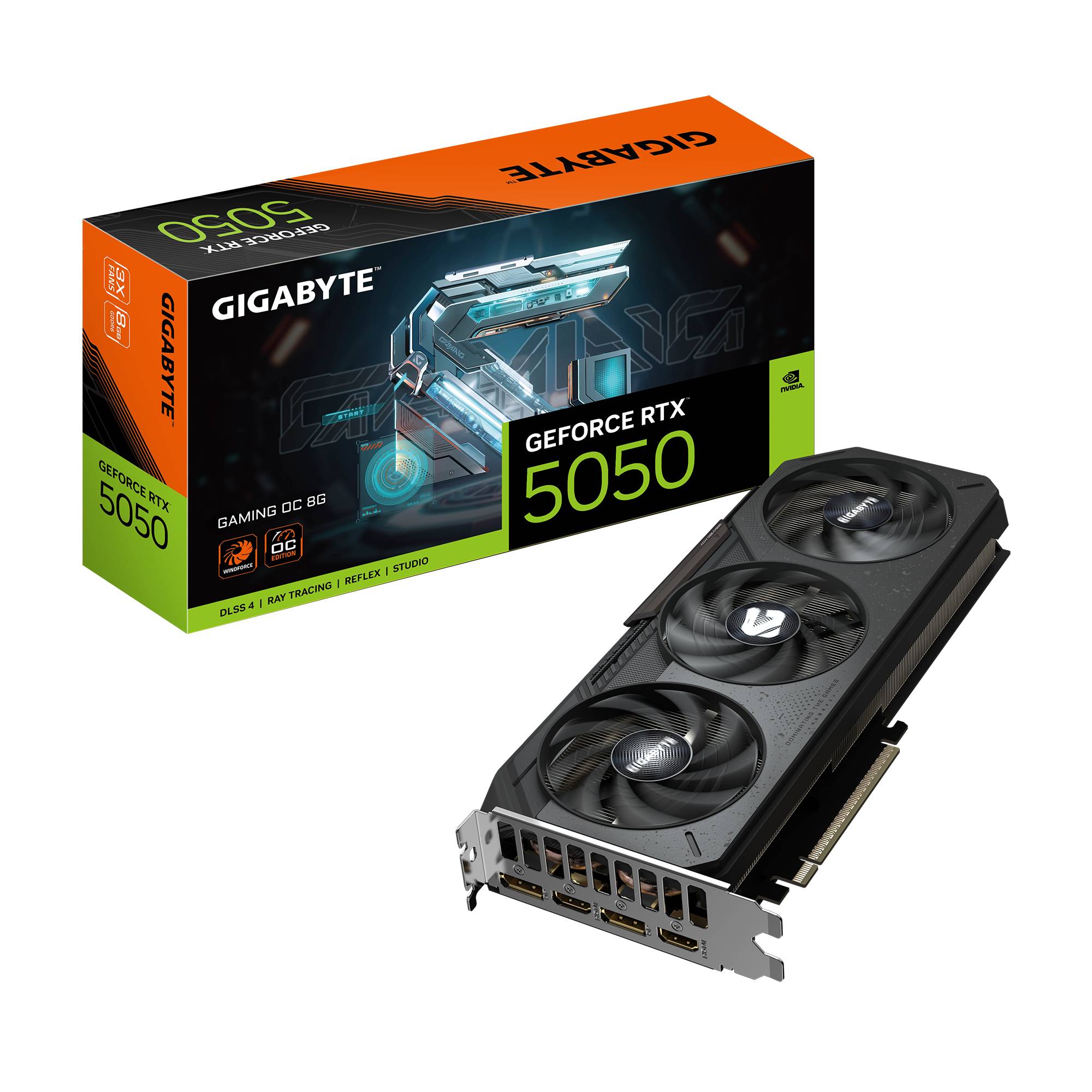 Gigabyte GeForce RTX 5050 Grafikkarte, gezeigt mit ihrer Einzelhandelsverpackung und Triple-Fan-GPU auf schwarzem Hintergrund.