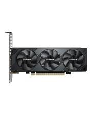 Schwarze Gigabyte-Grafikkarte mit drei Kühlventilatoren und Metallhalterung, shown auf weißem Hintergrund.