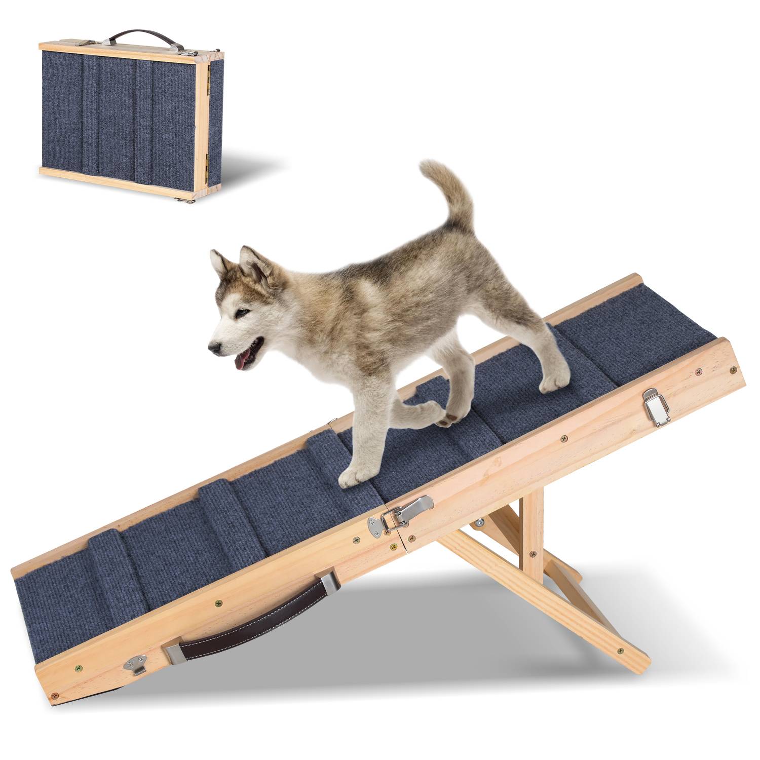 Hunderampe Klappbar aus Holz, Haustierrampe 4 Stufen Verstellbar 19,5 cm bis 41 cm, Tierrampe mit Rutschfester 5 Pfoten-Traktionsmatte