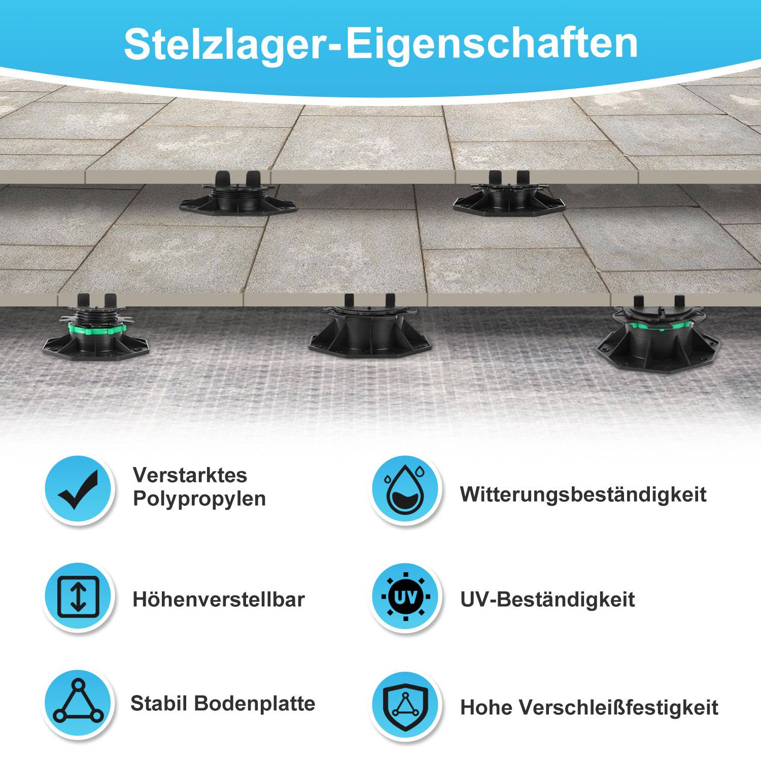 10 St. Stelzlager 42-60 mm Terrassenlager mit Fugenkreuz Steinstützen Stellfuß Höhenverstellbar Plattenlager mit Sicherungsring für Steinplatten