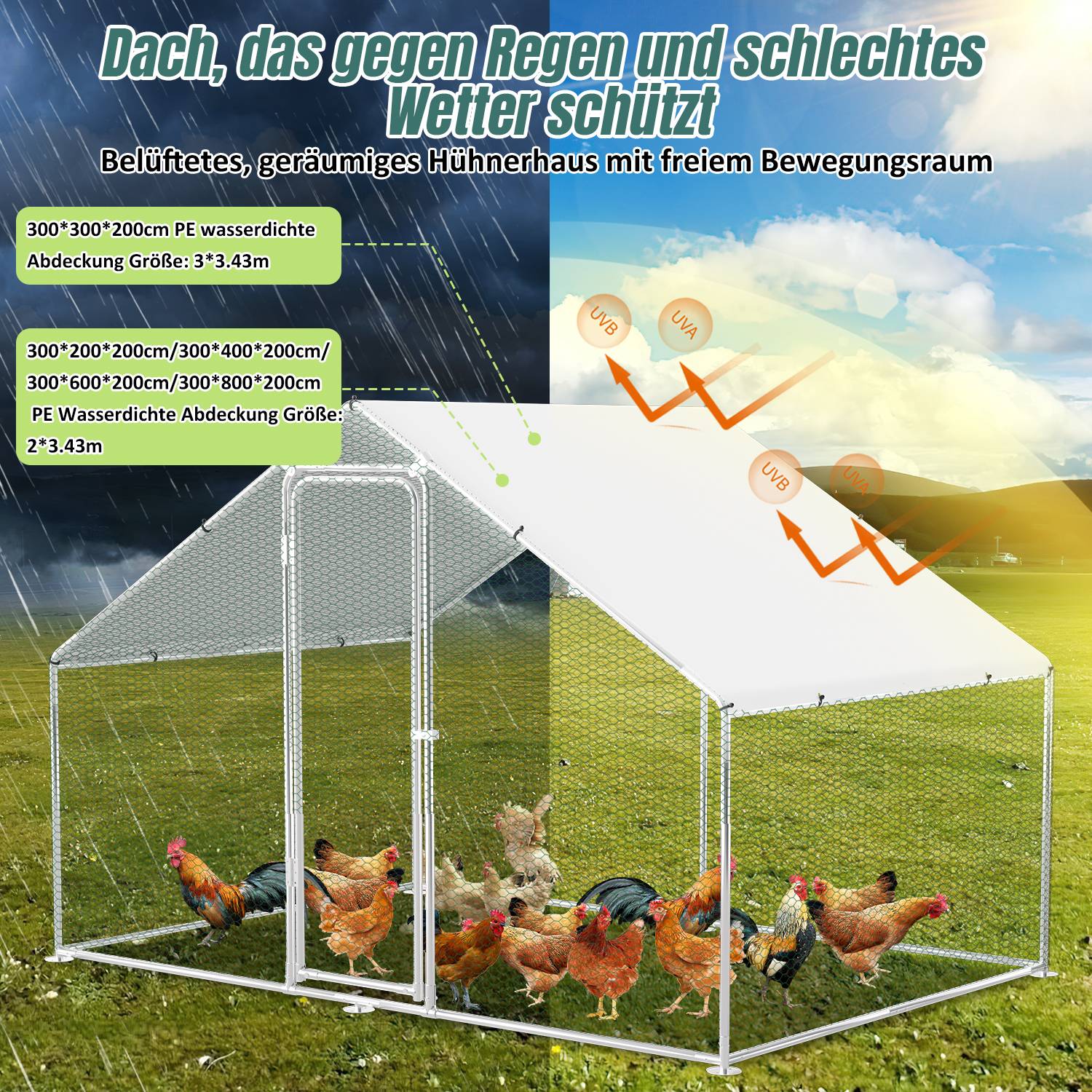 3x2x2m Outdoor Hühnerstall Hühnerhaus Dach Geflügelstall Verzinkter Stahlrahmen mit PE für Hühner, Geflügelställe, Kleintiere