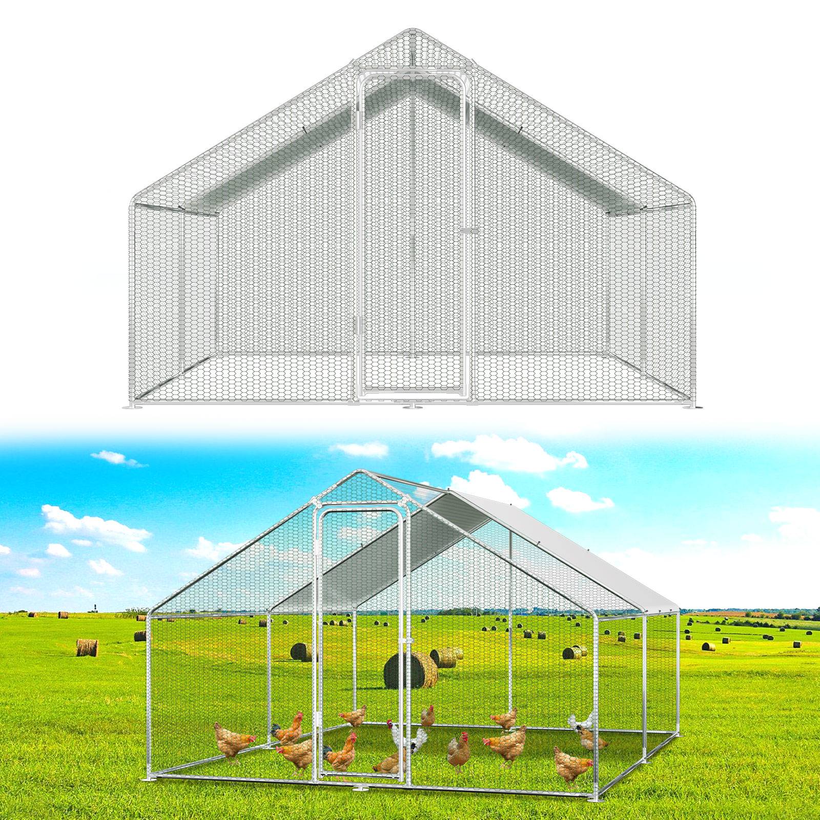 3x4x2m Outdoor Hühnerstall Hühnerhaus Dach Geflügelstall Verzinkter Stahlrahmen mit PE für Hühner, Geflügelställe, Kleintiere