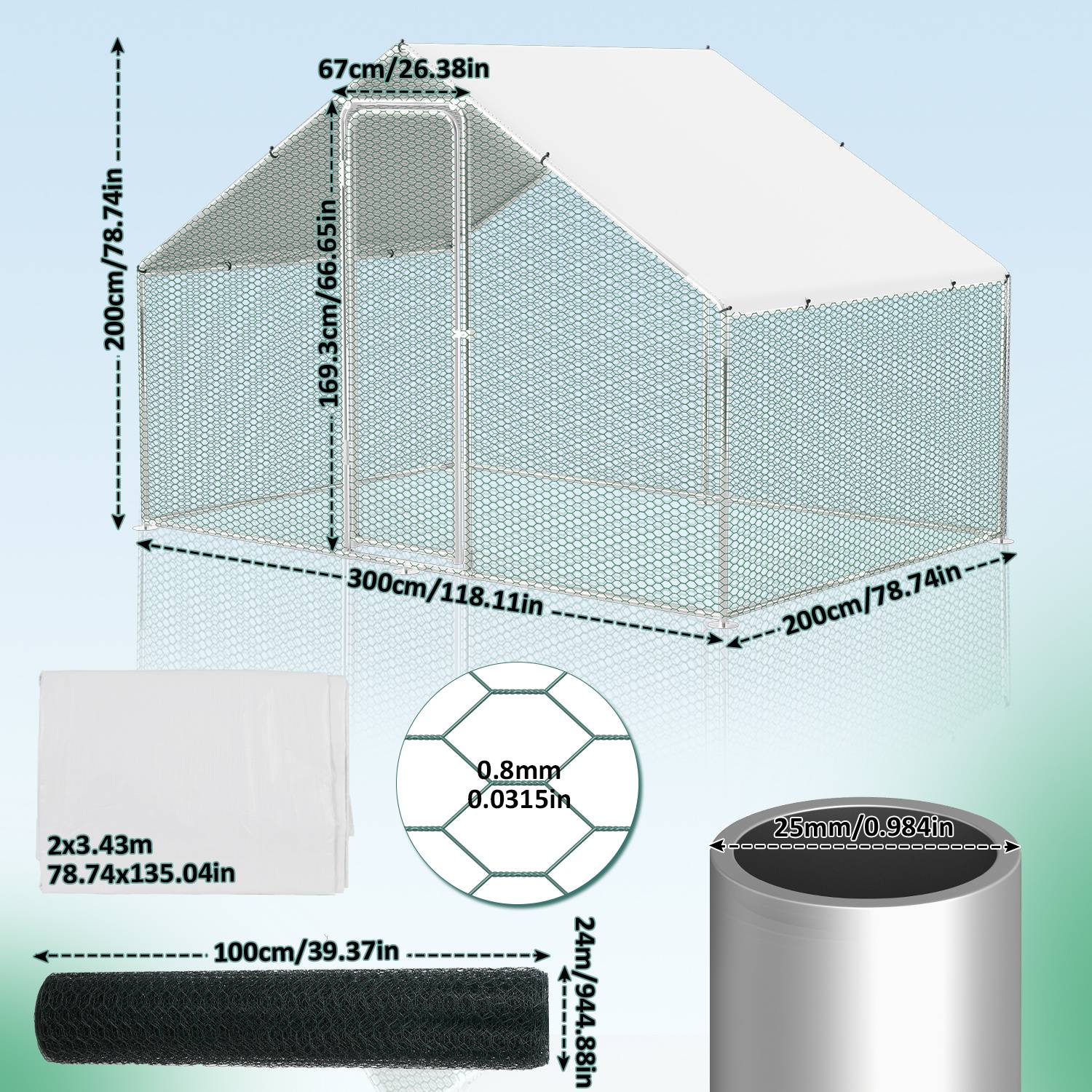 Illustration eines Netzgehäuses für den Garten mit den Abmessungen 300 x 200 x 200 cm und einer Türöffnung, sowie Materialspezifikationen mit einer 2 x 3,43 m Rolle, 0,8 mm Draht und 25 mm Maschenweite.