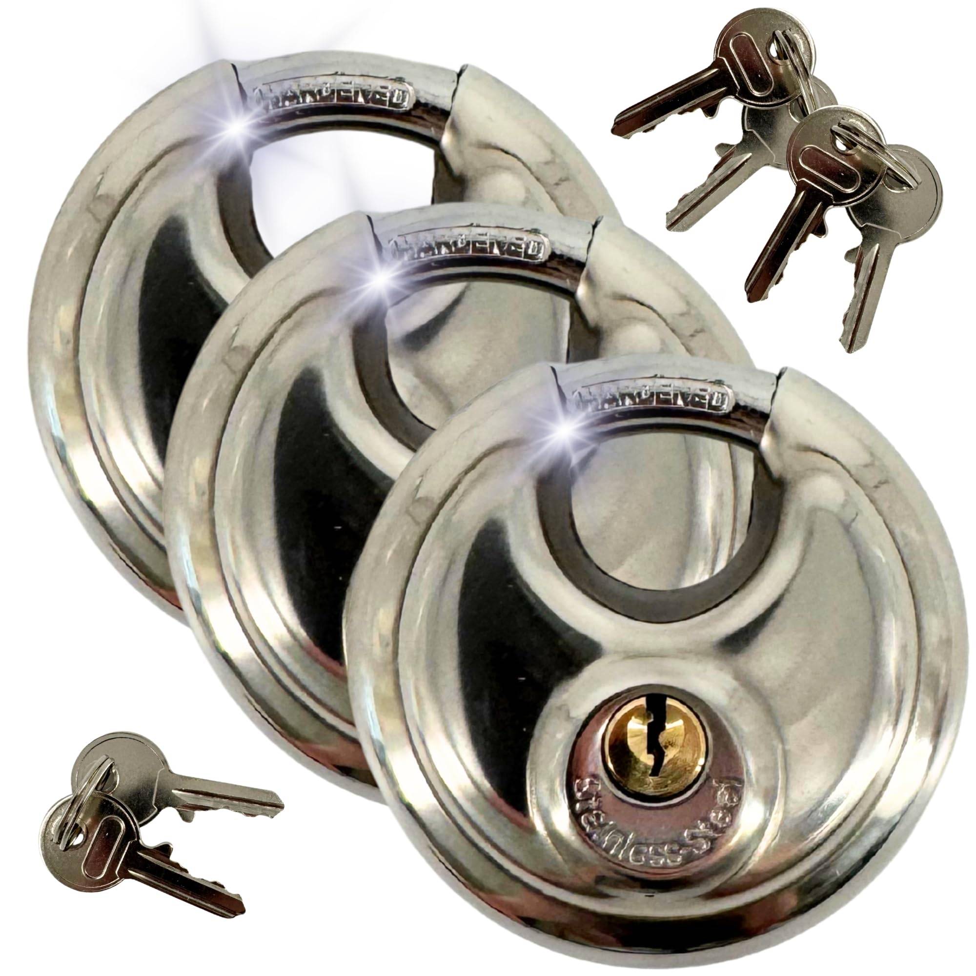 3x Rundbügelschloss Sicherheits Vorhängeschloss 10mm Bügelstärke Edelstahlkorpus I Messingschloss Kneifschutz Schloss aus gehärtetem Edelstahl ro