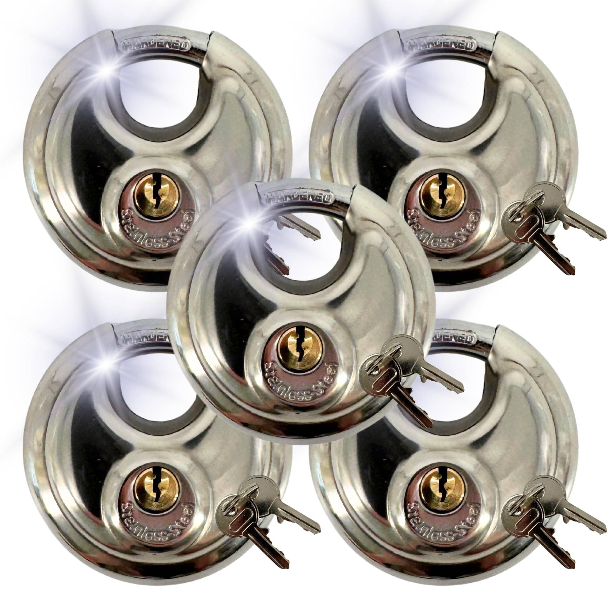 5x Rundbügelschloss Sicherheits Vorhängeschloss 10mm Bügelstärke Edelstahlkorpus I Messingschloss Kneifschutz Schloss aus gehärtetem Edelstahl