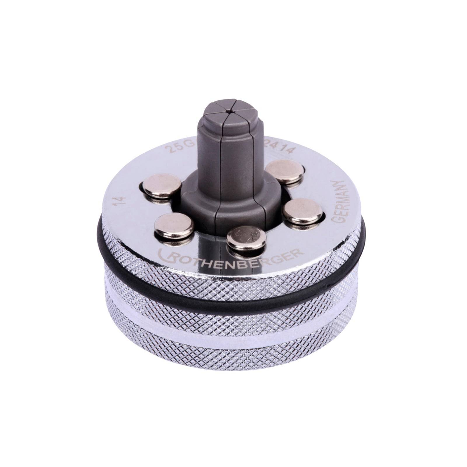 Ein rundes, metallisches Rohrentgratungswerkzeug mit einem zentralen Griff und Markierungen, die 'ROTHENBERGER' und 'GERMANY' auf seiner Oberfläche tragen.