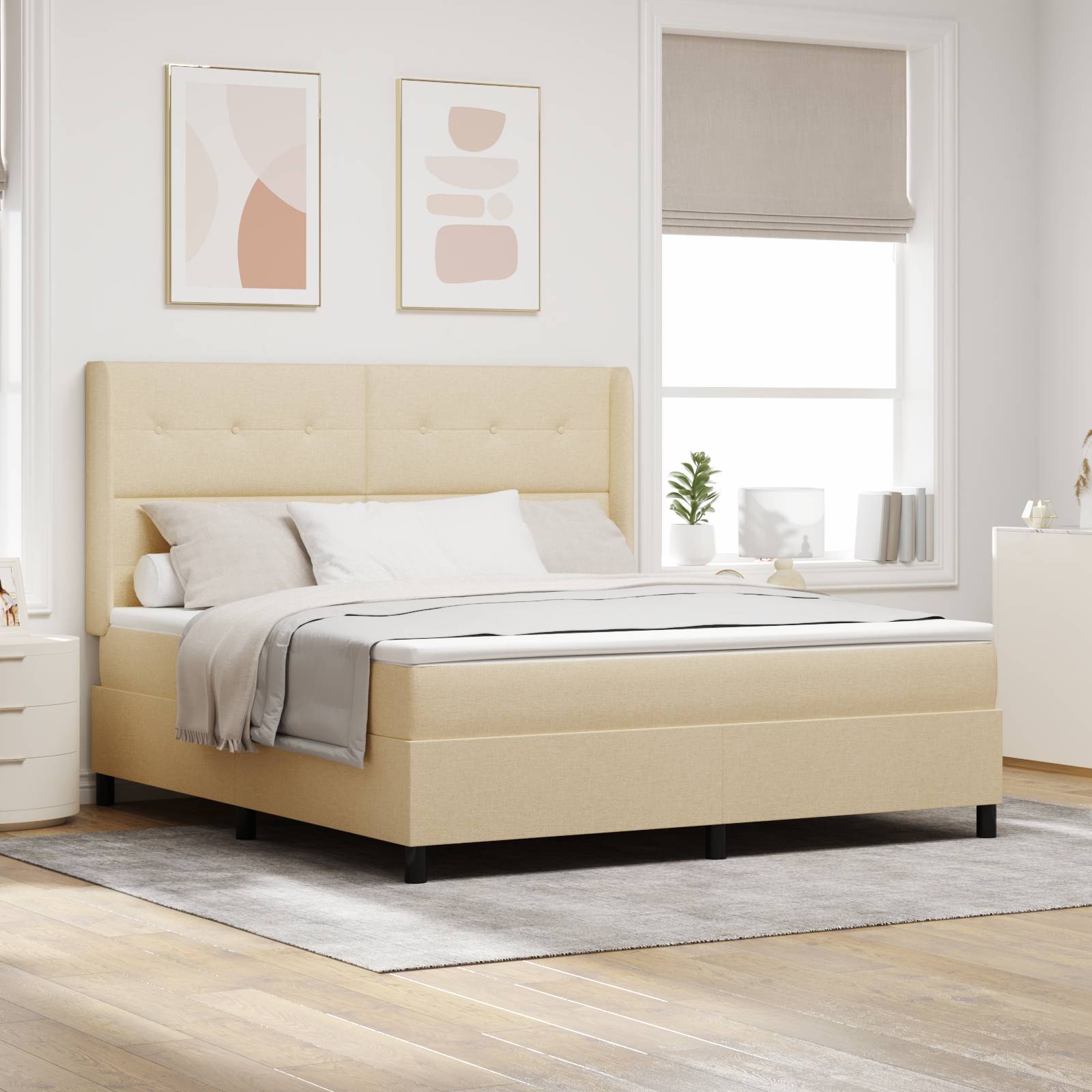 vidaXL LED Boxspringbett mit Matratze Creme 180x200 cm Stoff