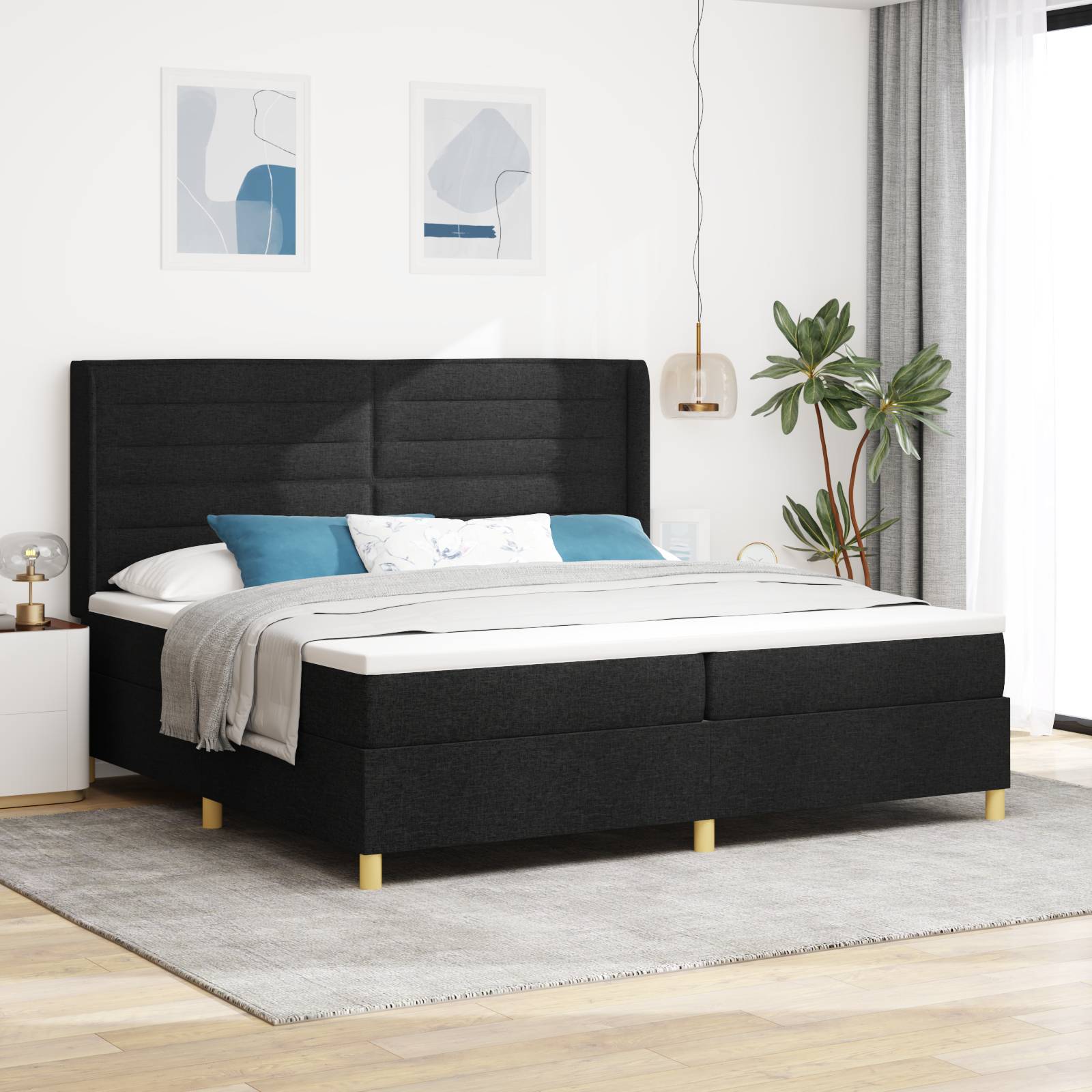 vidaXL LED Boxspringbett mit Matratze Schwarz 200x200 cm Stoff