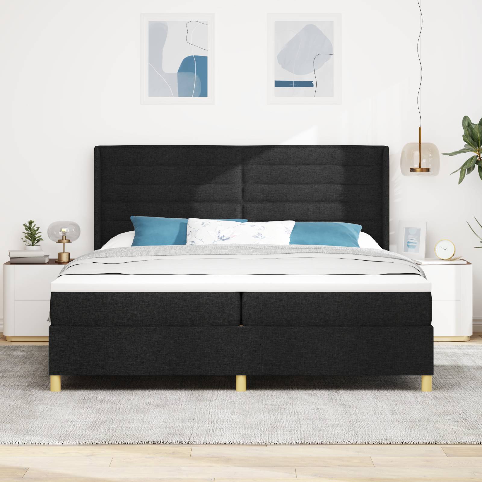 vidaXL LED Boxspringbett mit Matratze Schwarz 200x200 cm Stoff