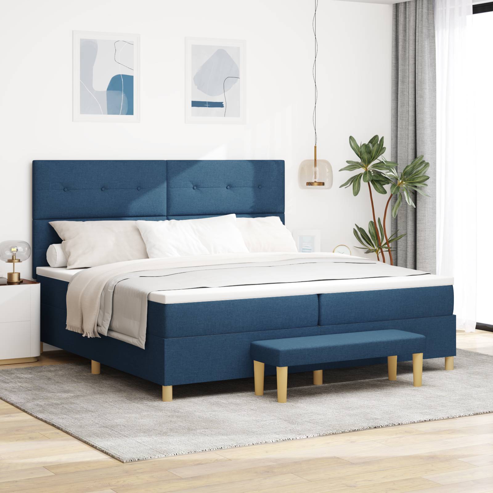 vidaXL Boxspringbett mit Matratze & Bank Blau 200x200 cm Stoff