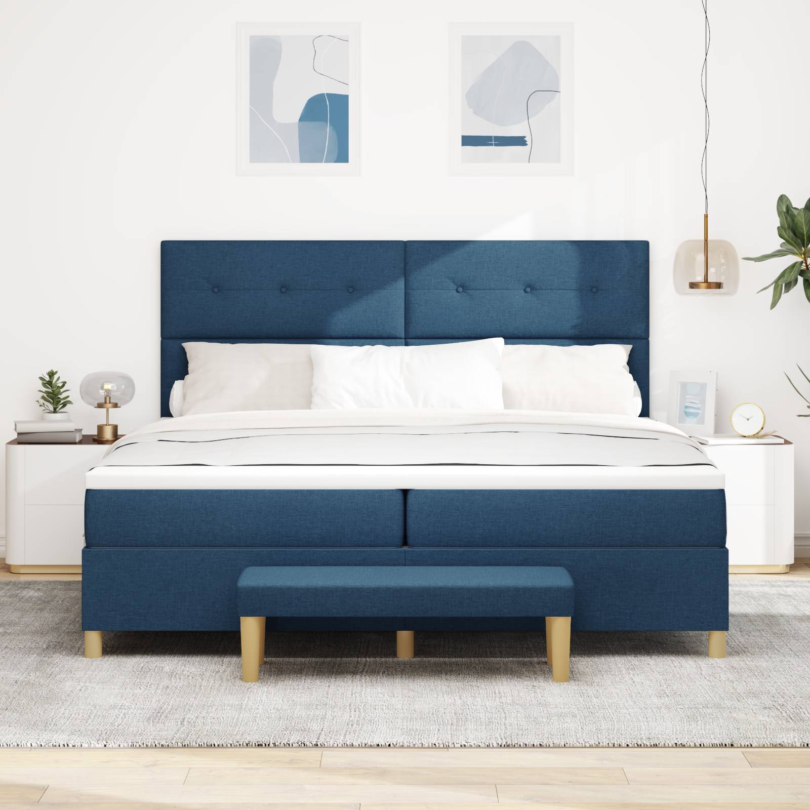 vidaXL Boxspringbett mit Matratze &amp; Bank Blau 200x200 cm Stoff