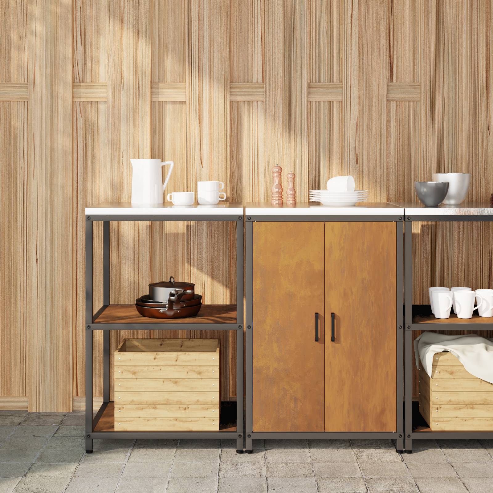 vidaXL Küchenlager-Set mit Regal mit Speicher mit Tür Verstellbar 2 pcs Rostig 120 x 50 x 92 cm