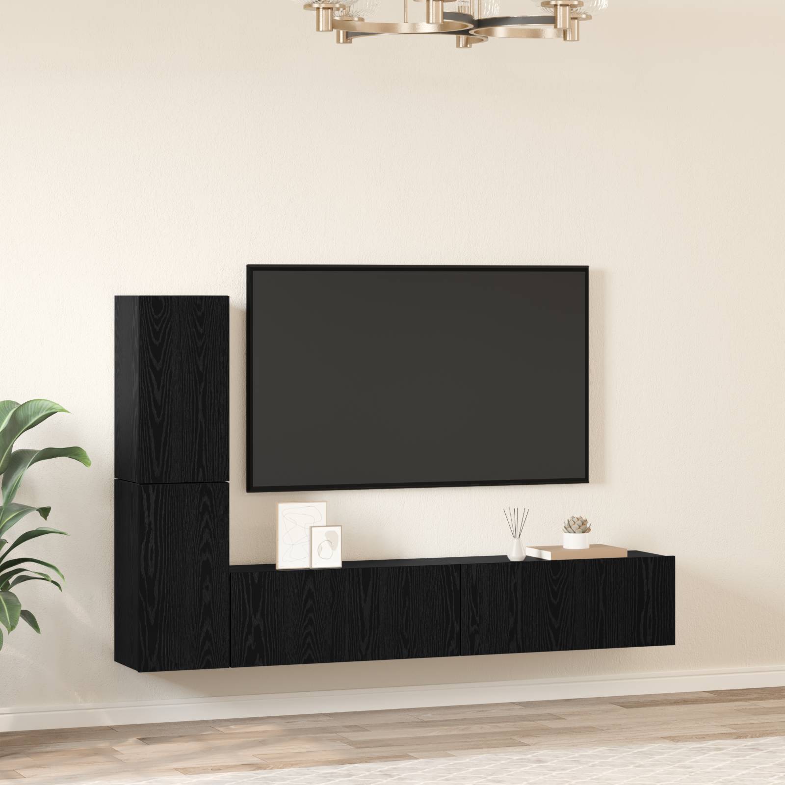 vidaXL Wand TV Schrank mit Regal mit Speicher mit Tür 4 pcs Schwarz Eiche Holzwerkstoff