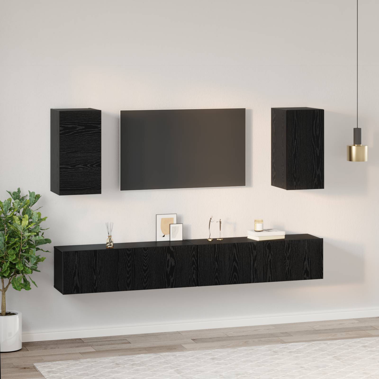 vidaXL Wand TV Schrank mit Regal mit Speicher mit Tür 6 pcs Schwarz Eiche Holzwerkstoff