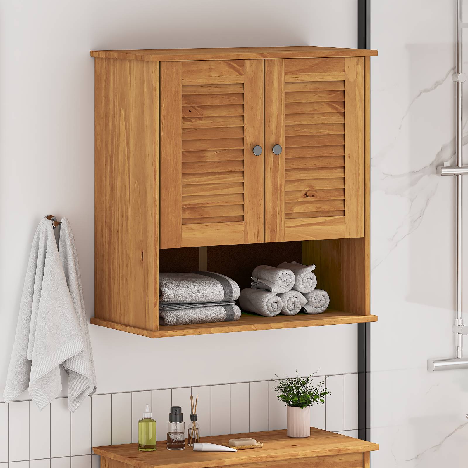 vidaXL Wandmontierter Badezimmer-Schrank mit Speicher Honigbraun