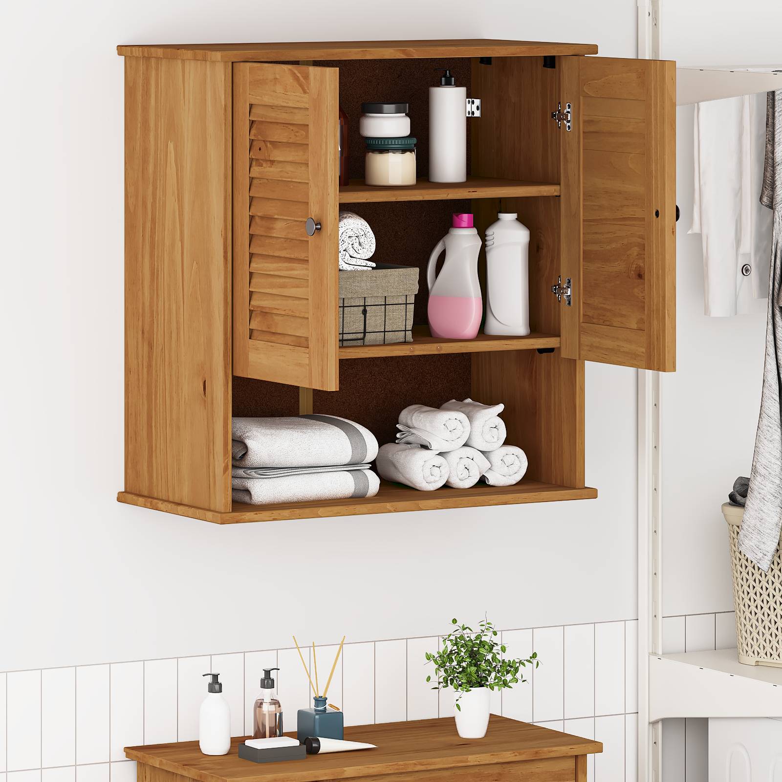 vidaXL Wandmontierter Badezimmer-Schrank mit Speicher Honigbraun