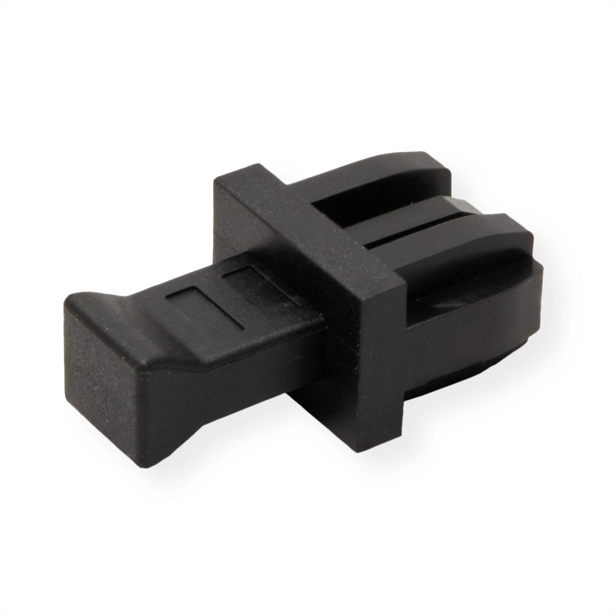 Ein schwarzes Kunststoffgerät, möglicherweise ein Möbelgleiter oder eine ähnliche Befestigung, mit einer rechteckigen Lasche und zwei Schlitzen, aus einem Winkel betrachtet.