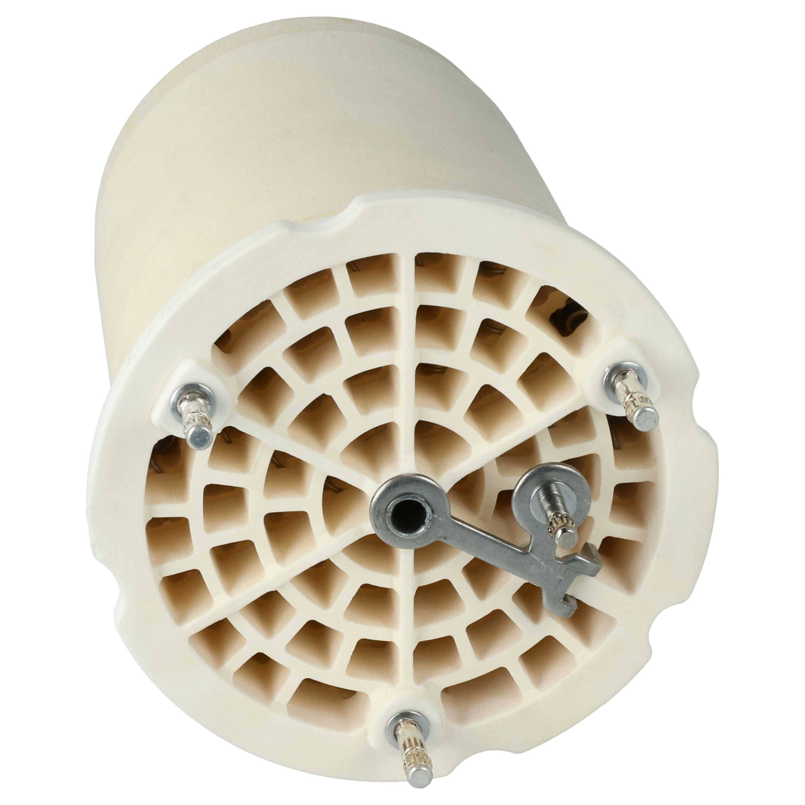 Runder, weißer Keramikfilter mit einem gitterartigen Muster und einem kleinen metallischen Haken in der Mitte, der in Wasseraufbereitungssystemen verwendet wird.