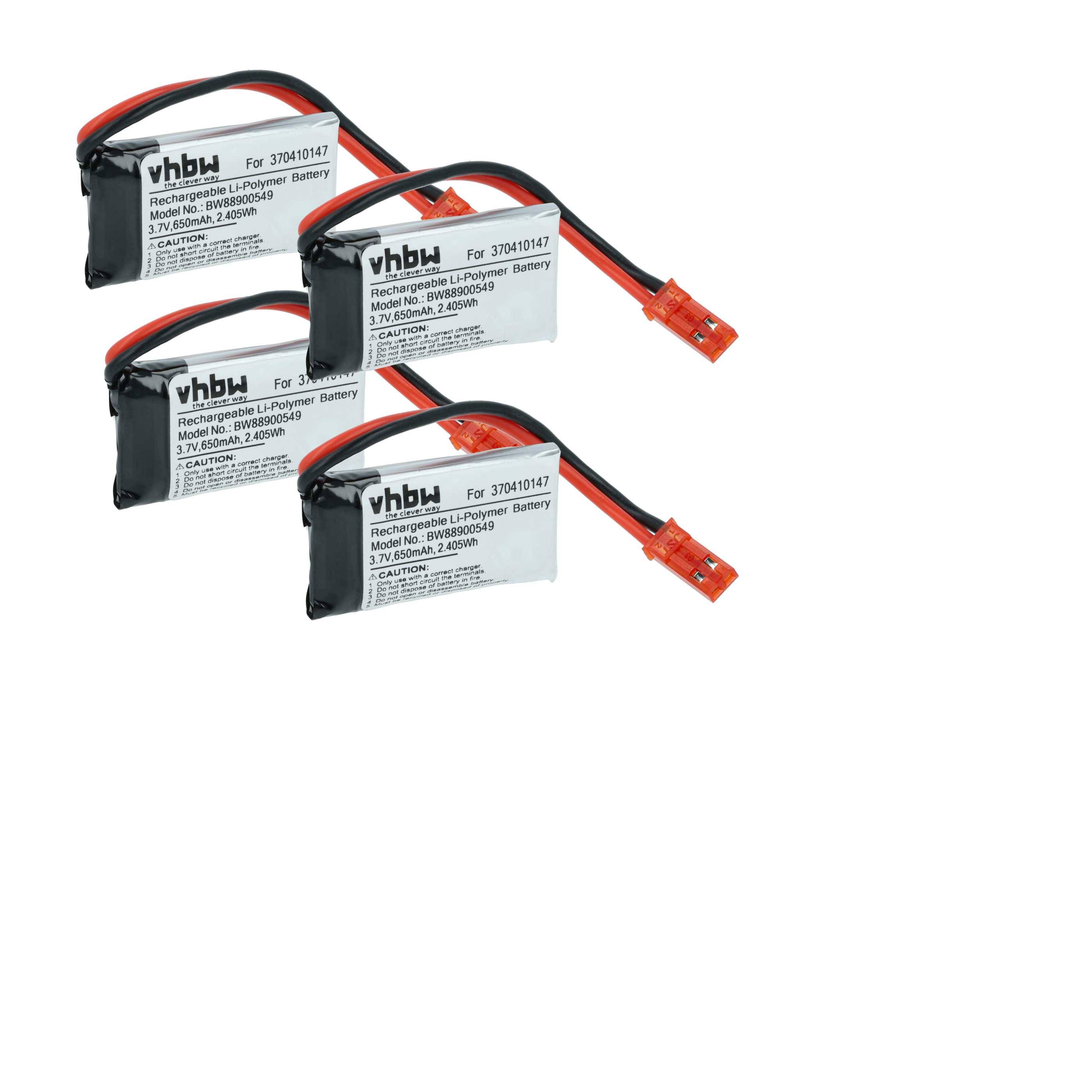 vhbw 4x Akku kompatibel mit Carrera Quadrocopter XL Racing Car (650mAh, 3,7V, Li-Polymer, 38 x 20 x 7 mm, JST BEC)