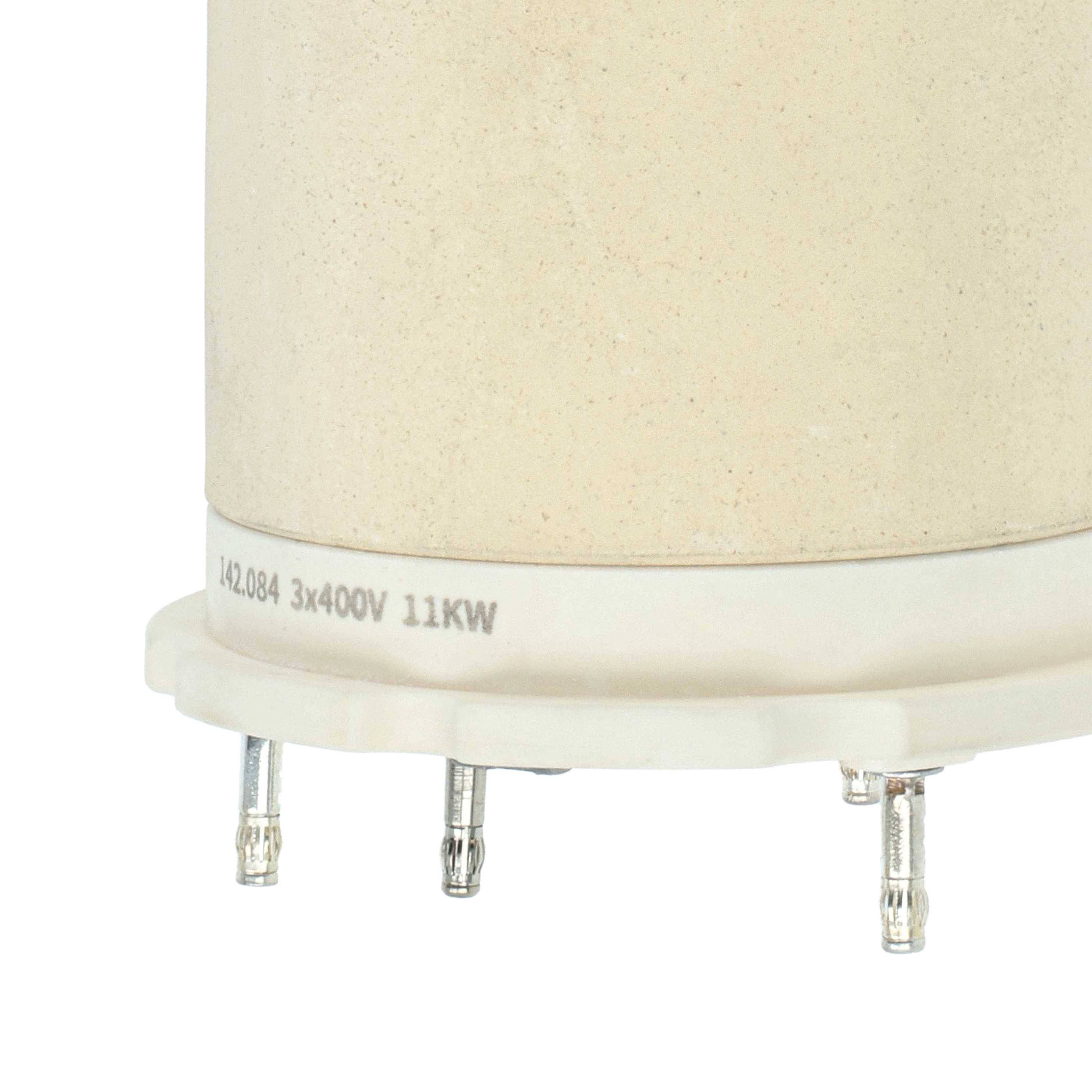 Eine beige Zylinder-Elektrokomponente mit vier Metallstiften und der Beschriftung '42.084 3x400V 11KW'.