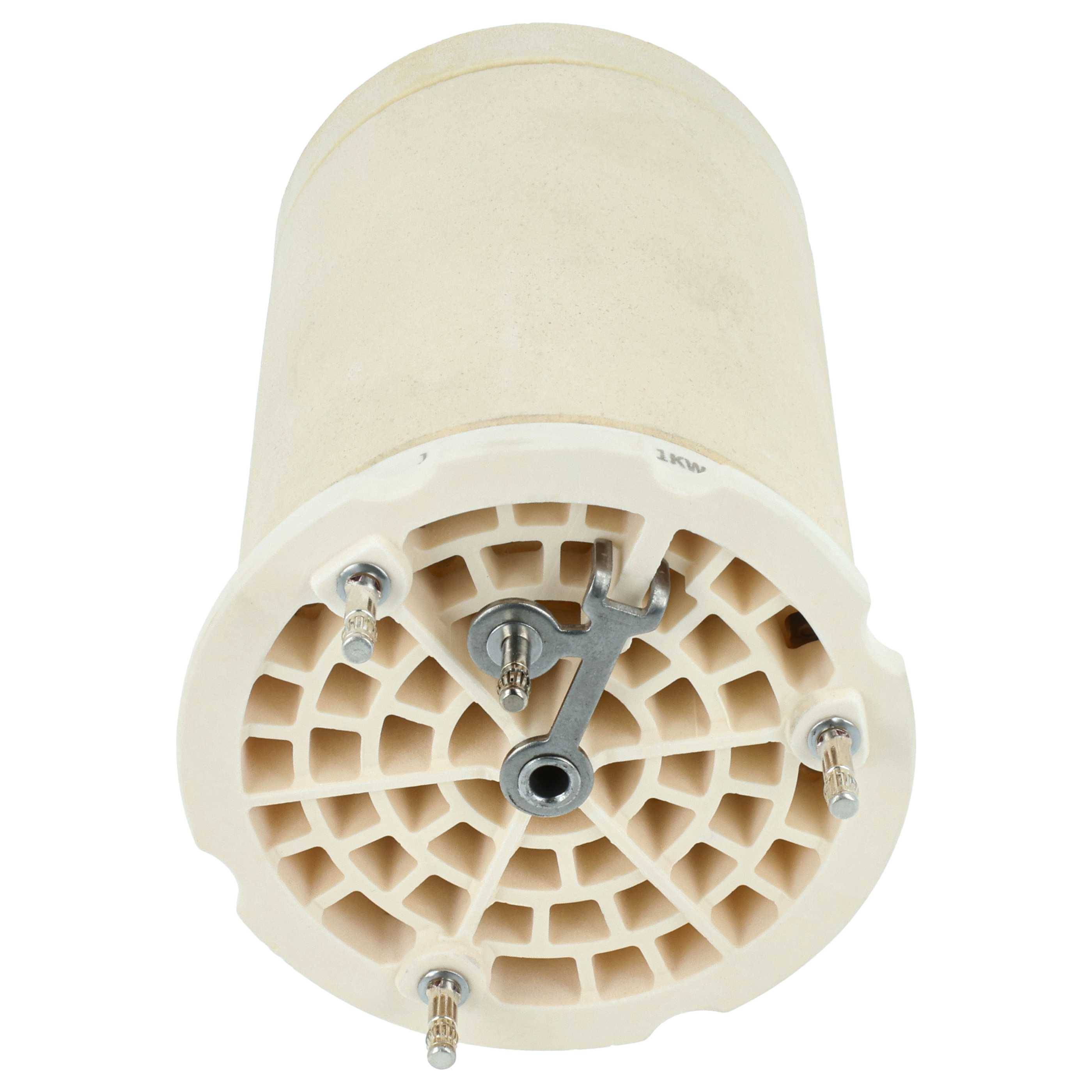 Eine zylindrische, beige Plastikkomponente mit einem gitterartigen Boden, Metallschrauben und einem sichtbaren Metallteil in der Mitte.