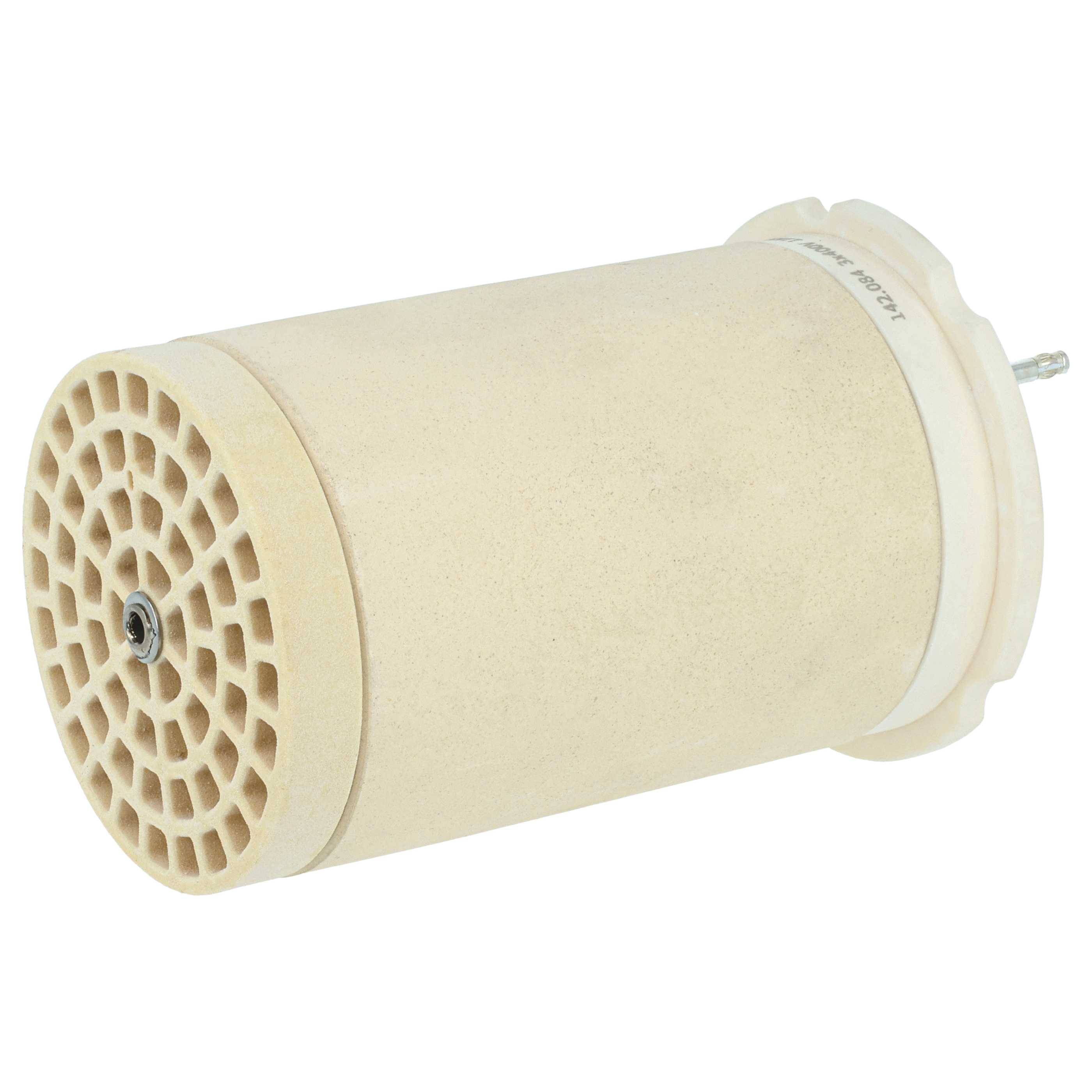 Eine beige zylindrische Keramik-Wärmeheizstange mit einem Wabenmuster an einem Ende und Anschlussbolzen am gegenüberliegenden Ende.