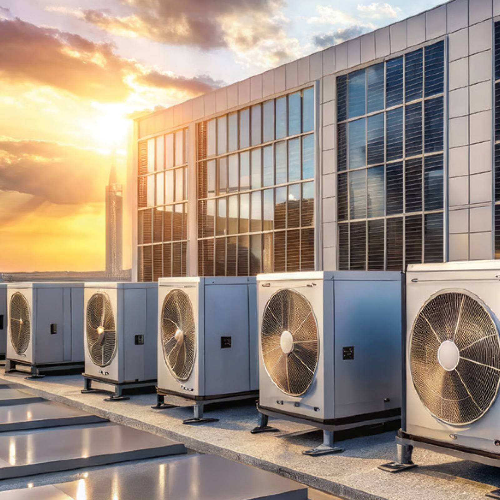 Eine Dachfläche mit mehreren industriellen Klimaanlagen unter einem Abendhimmel, der warmes Licht auf die Glasfassade des Gebäudes reflektiert.