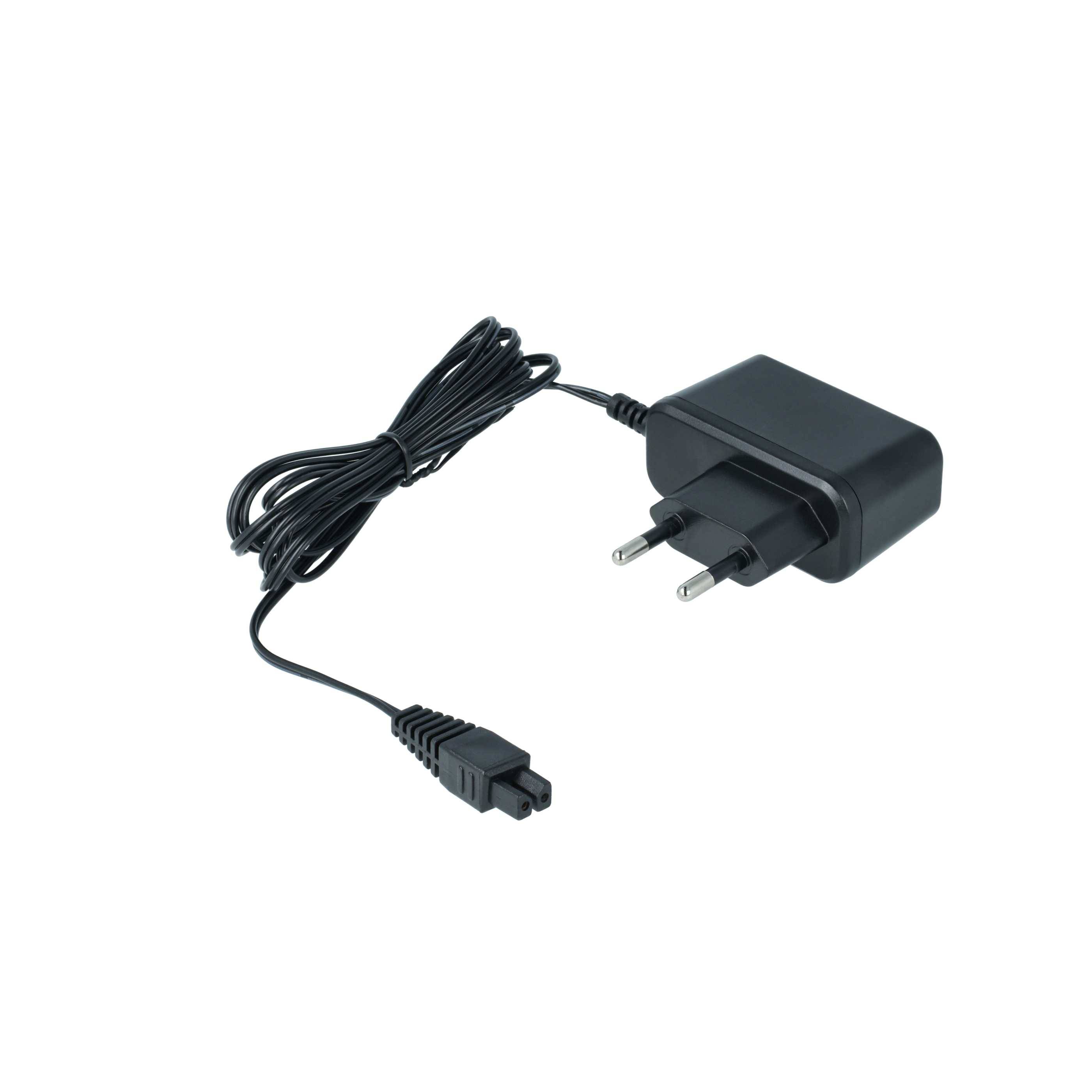 Ein schwarzer elektrischer Steckeradapter mit einem europäischen Stecker und einem langen Kabel, geeignet zum Aufladen elektronischer Geräte.