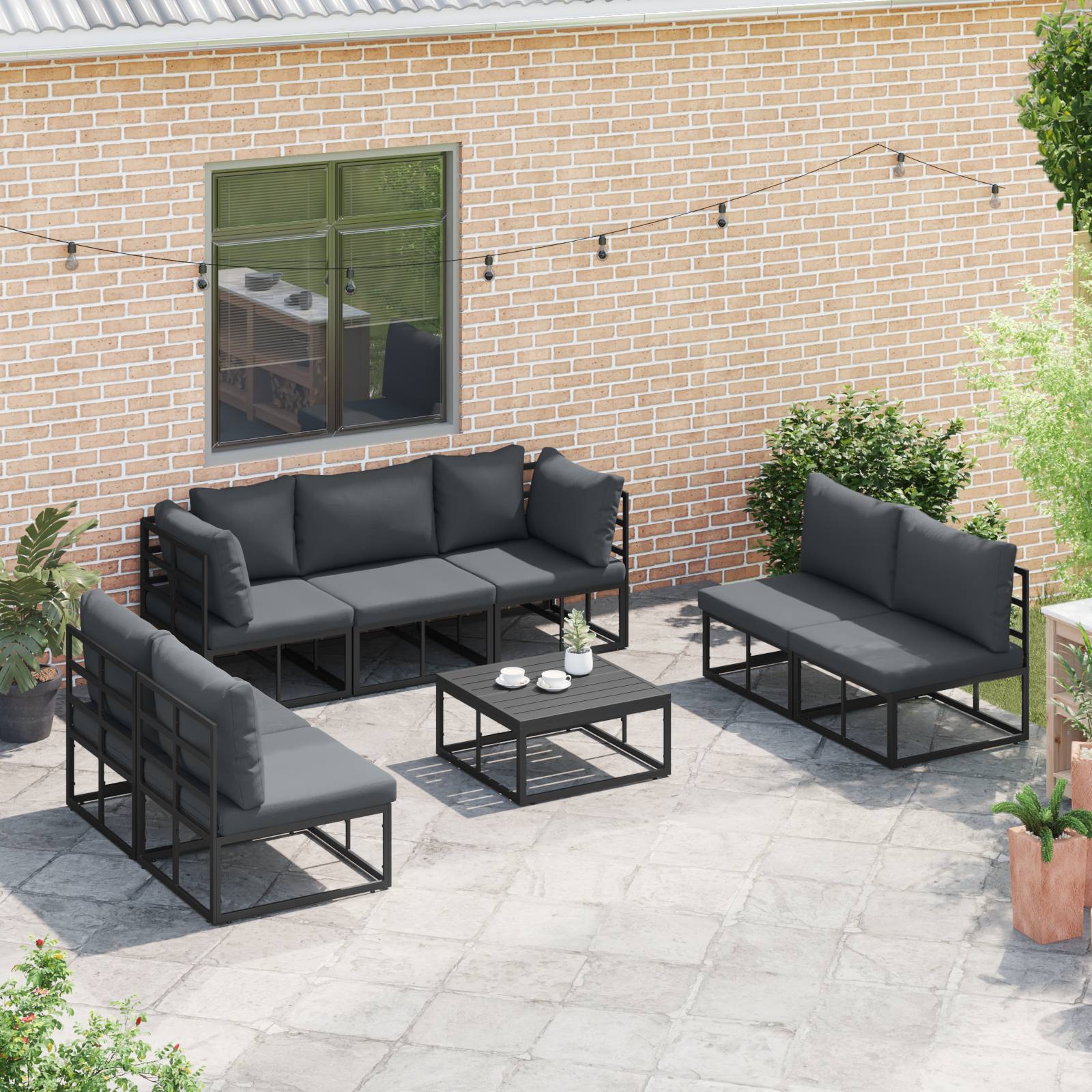 vidaXL Garten-Sofa-Set 7 pcs Schwarz 353 x 141,5 x 71 cm Aluminium