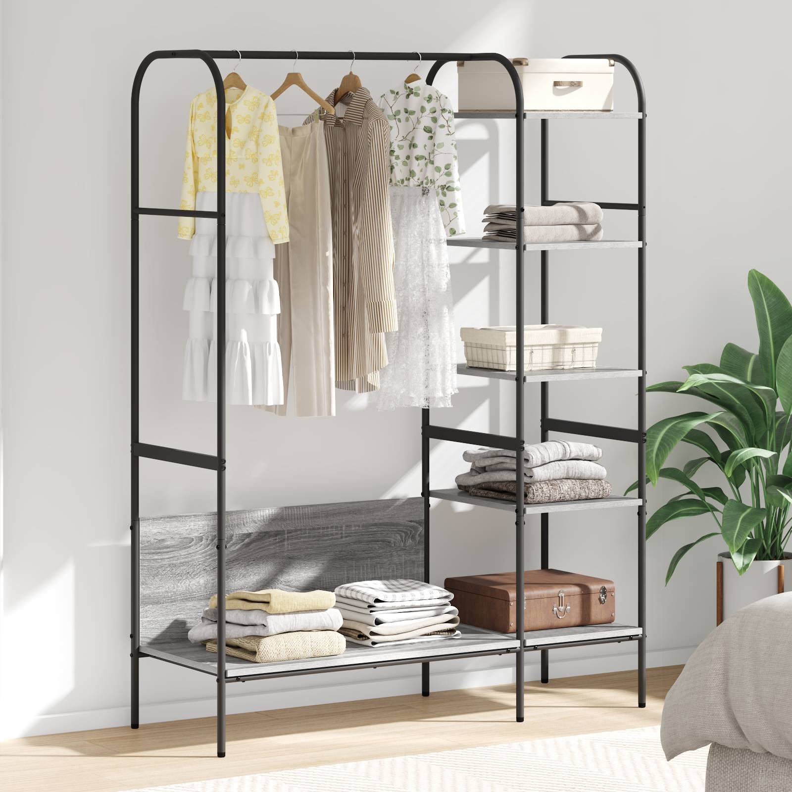 vidaXL Kleiderständer mit Regalen Grau Sonoma 120x44x160 cm Ingenieuer Holz