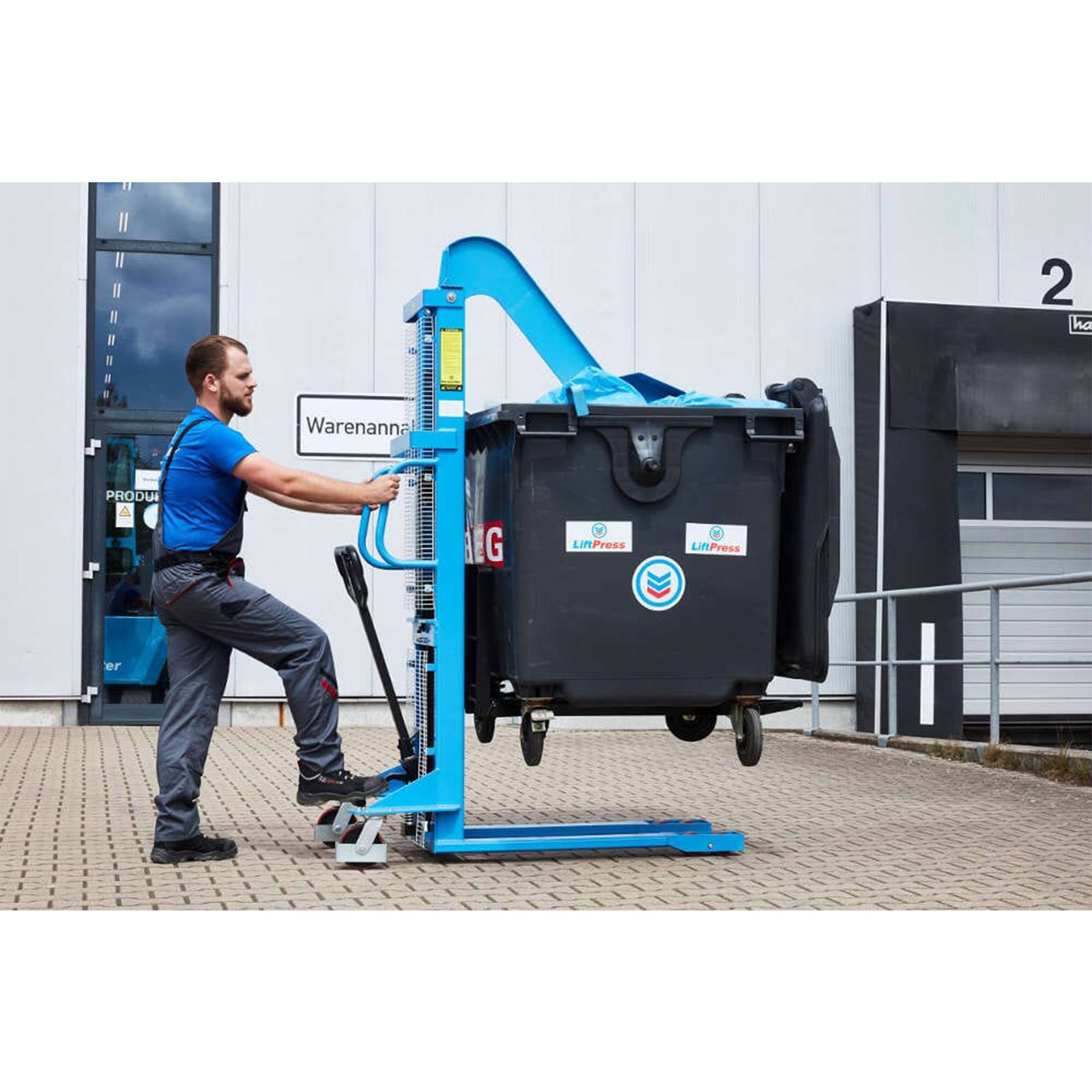 Hanselifter Müllpresse LiftPress LP1100 + Hochhubwagen SDJ1016 Tragkraft 1000kg Hubhöhe bis 1600mm