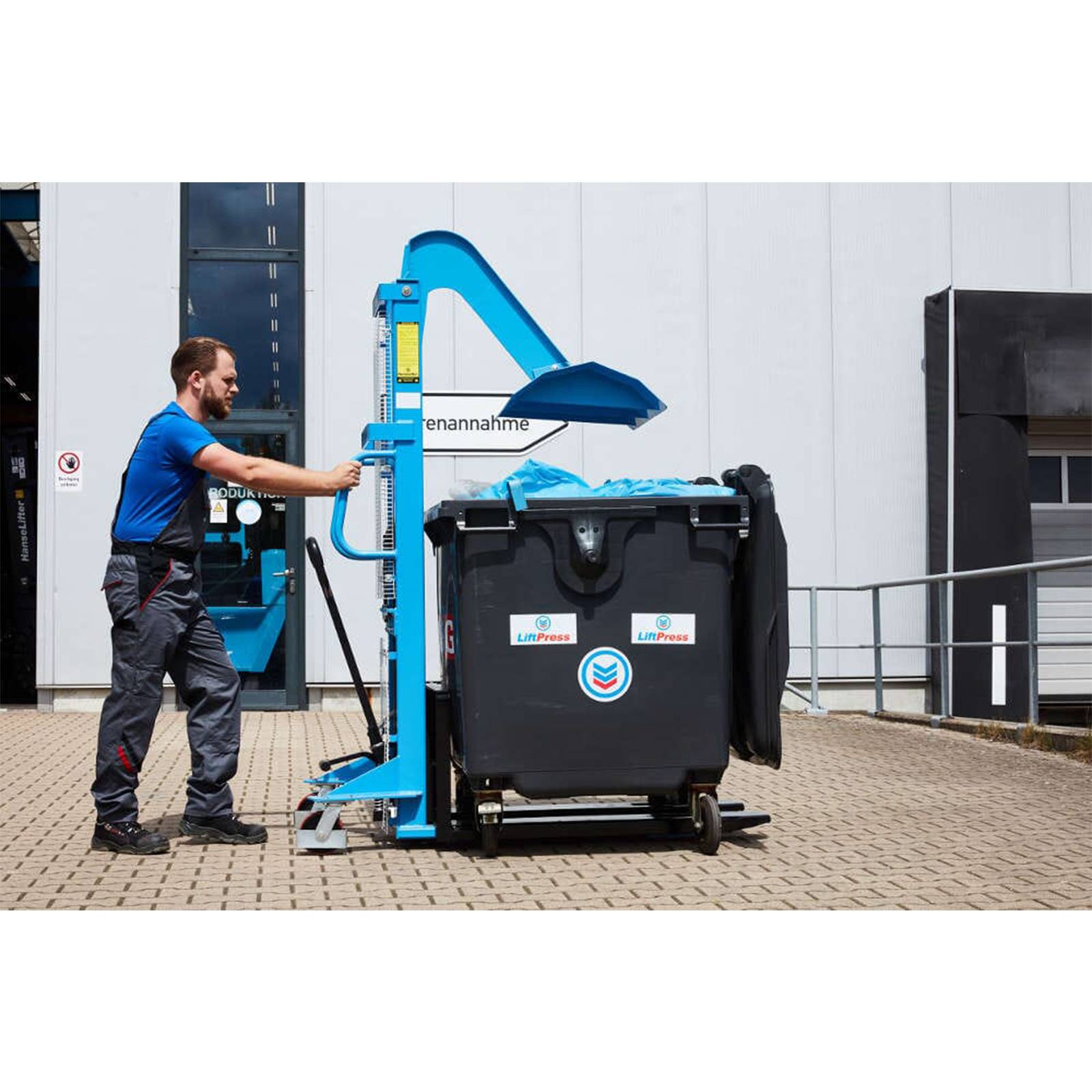 Hanselifter Müllpresse LiftPress LP1100 + Hochhubwagen SDJ1016 Tragkraft 1000kg Hubhöhe bis 1600mm
