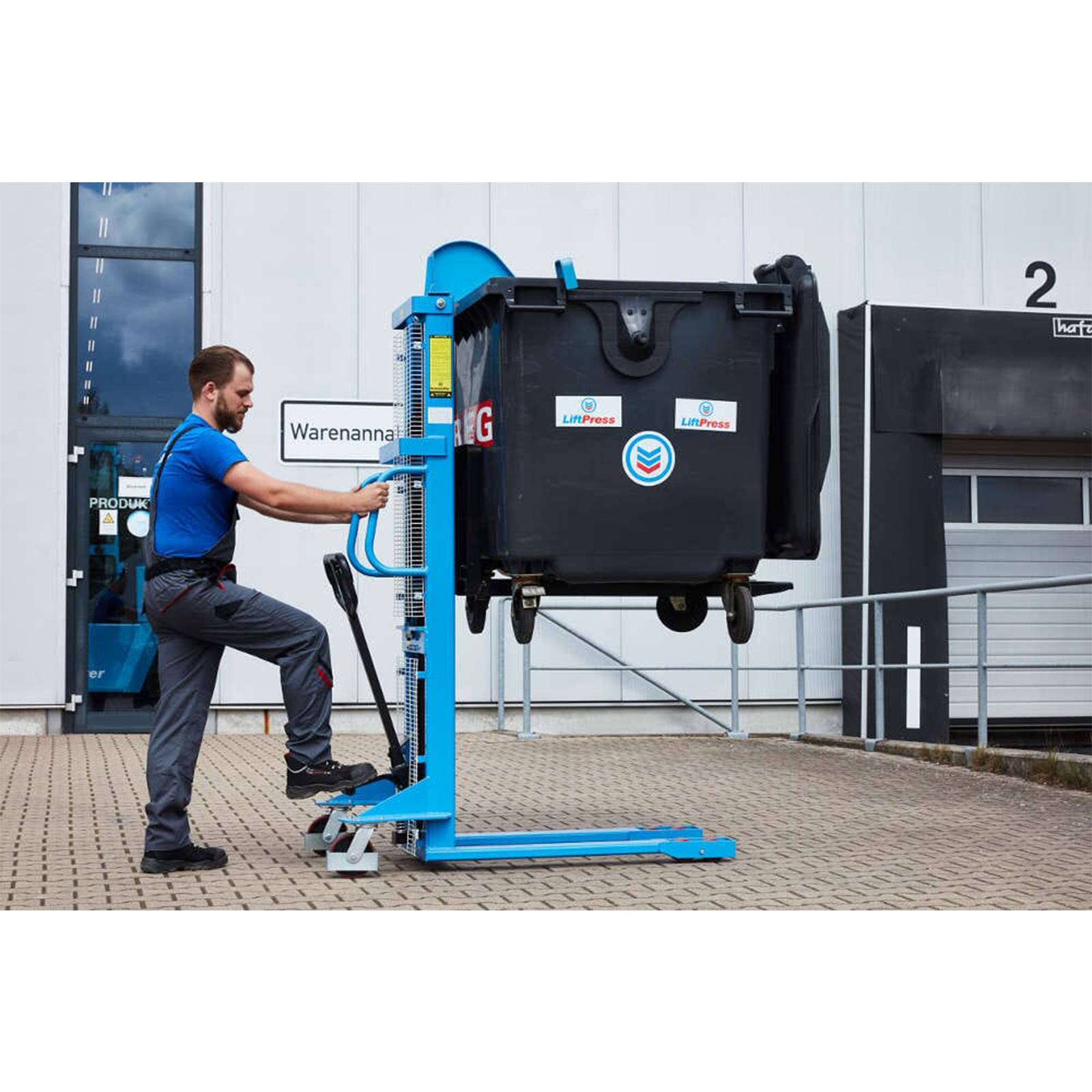 Hanselifter Müllpresse LiftPress LP1100 + Hochhubwagen SDJ1016 Tragkraft 1000kg Hubhöhe bis 1600mm