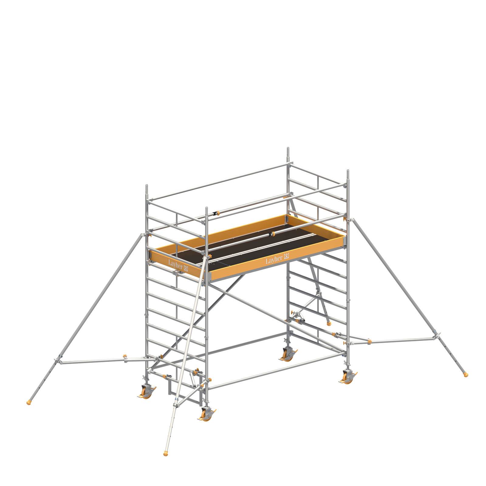Layher Rollgerüst Uni Breit Sicherheitsaufbau P2 mit Uni Telegeländer und ausziehbaren Gerüststützen 4,20m AH
