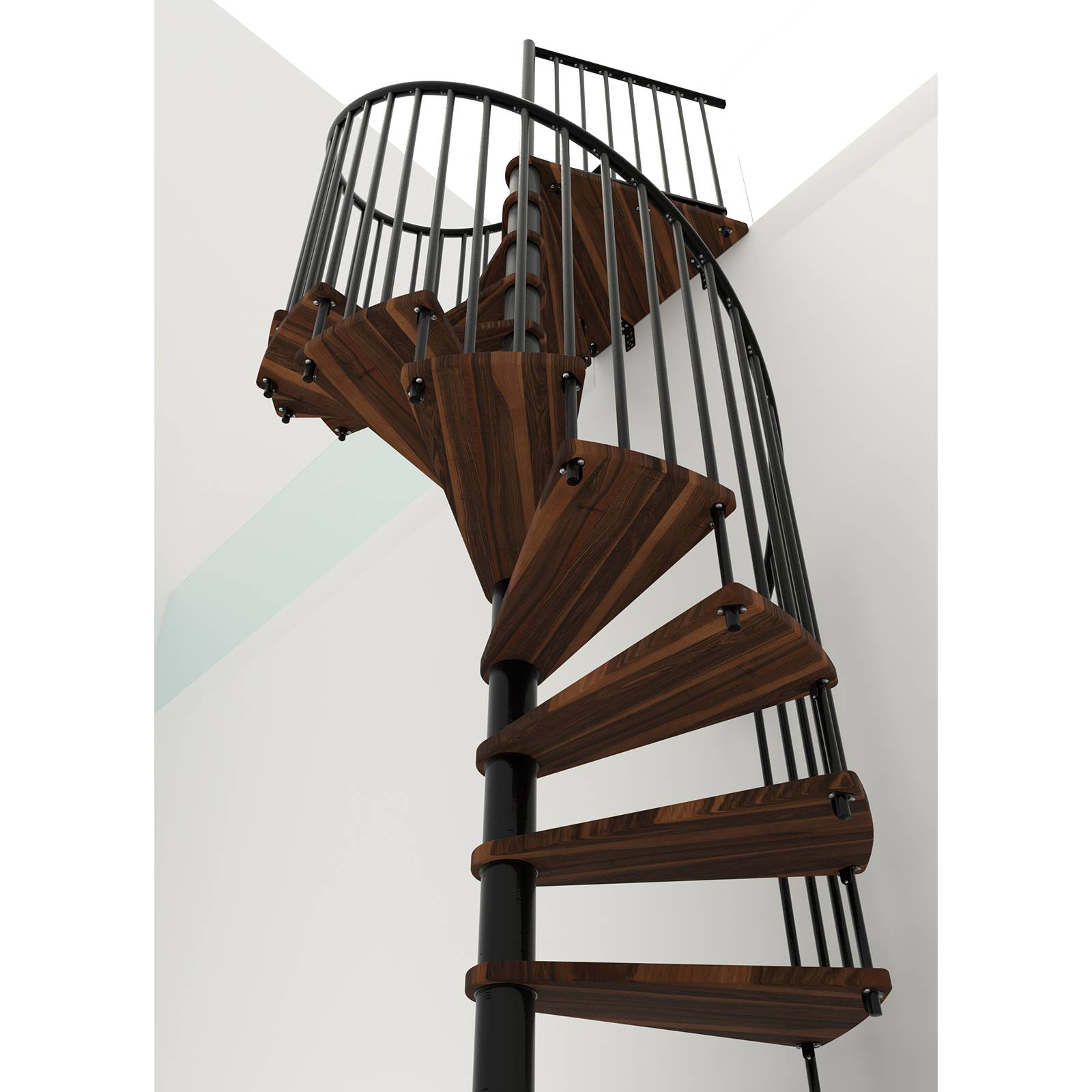 Minka Spindeltreppe Spiral Smart 38 - 305,5cm Geschosshöhe Walnuss Schwarz 140cm Durchmesser