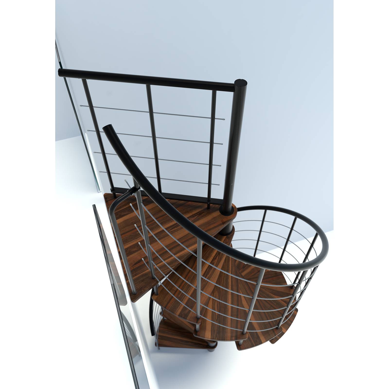 Minka Spindeltreppe Venezia Smart 38 - 305,5cm Geschosshöhe Walnuss Schwarz 120cm Durchmesser