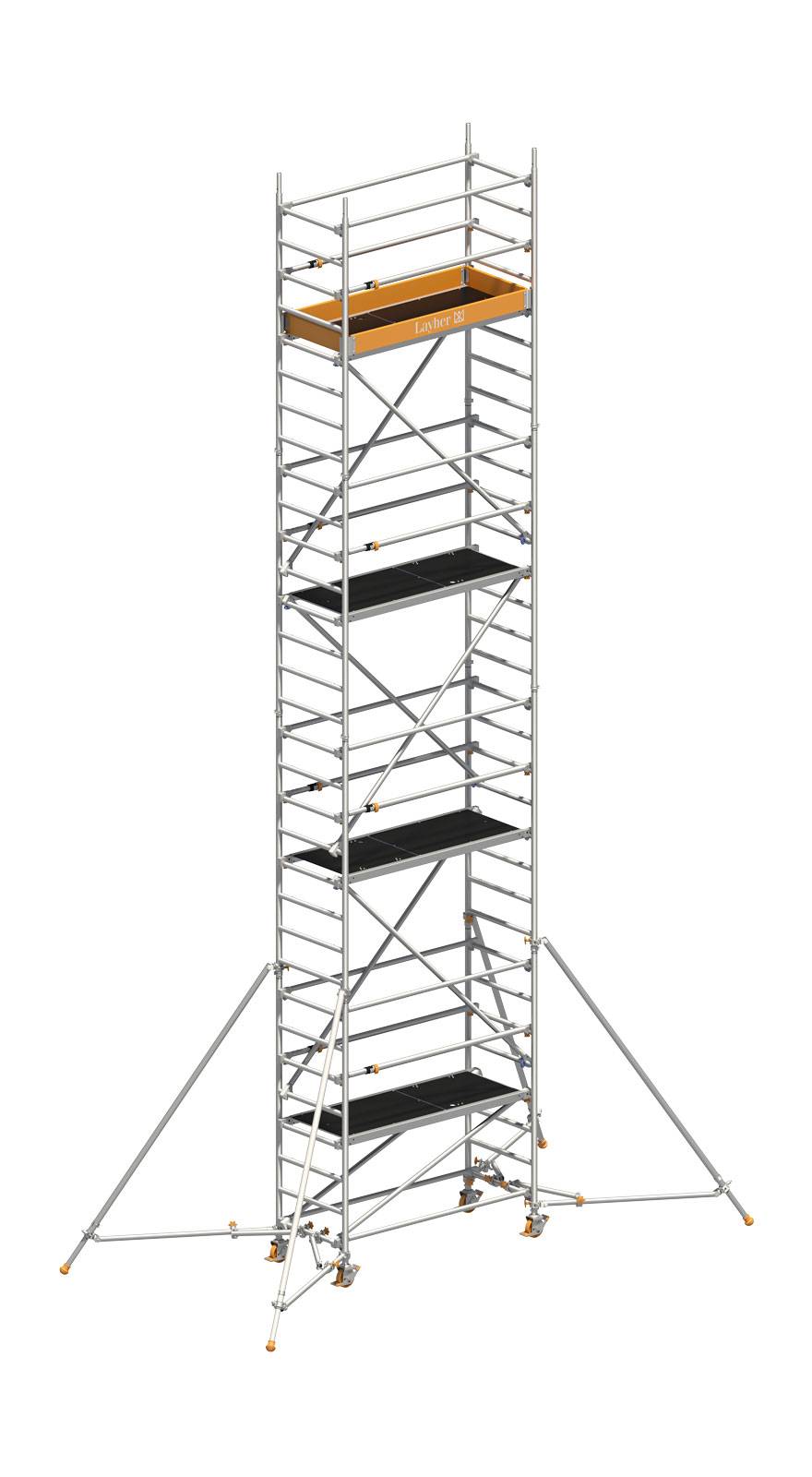 Layher Rollgerüst Uni Leicht mit Sicherheitsaufbau P2 und Uni Telegeländer sowie ausziehbaren Gerüststützen 9,10m AH