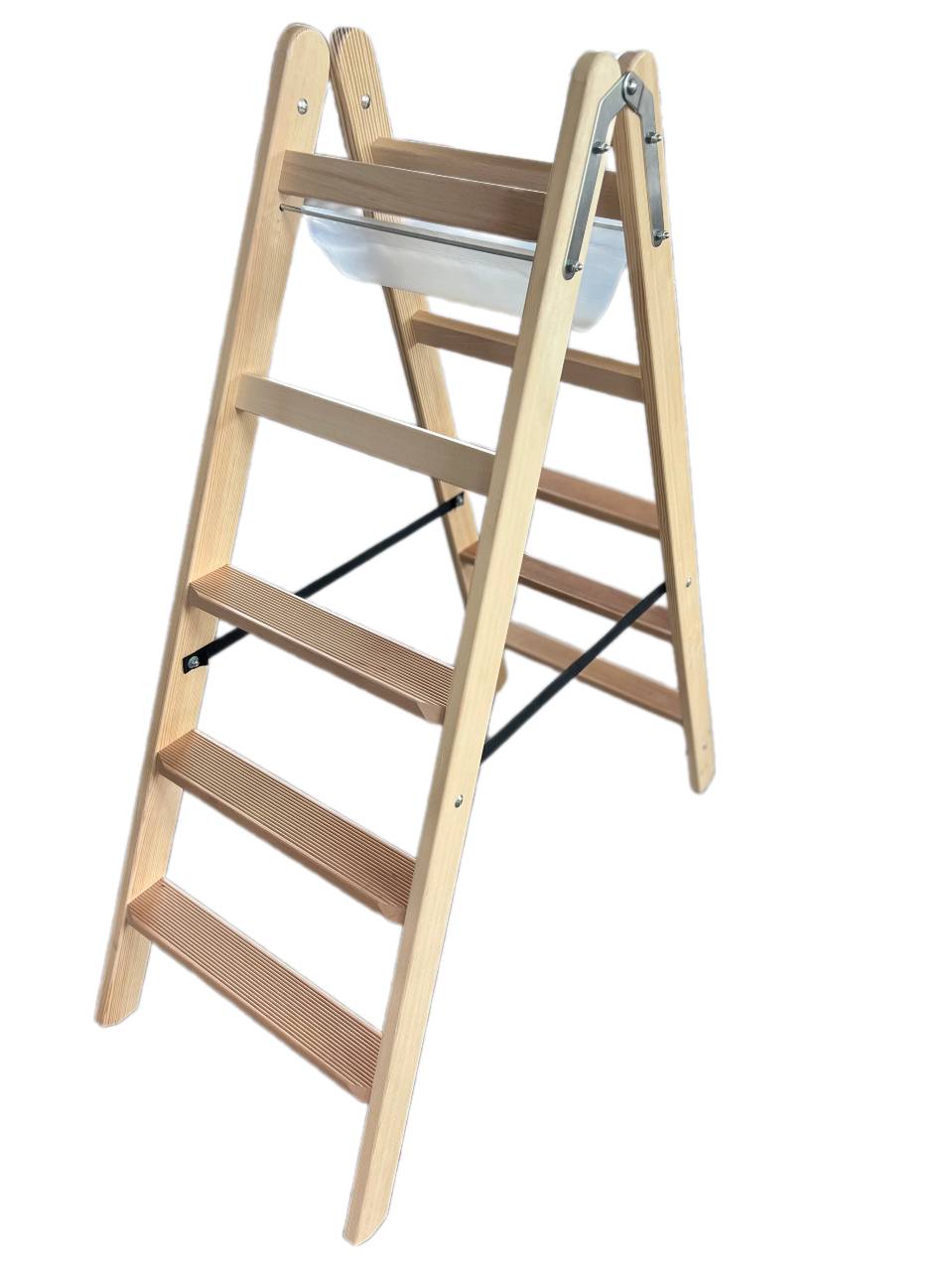 Siedra Holz Stufenstehleiter HSL nach TRBS 2121-2 mit Werkzeugtasche und Eimerhaken 2x5 Stufen