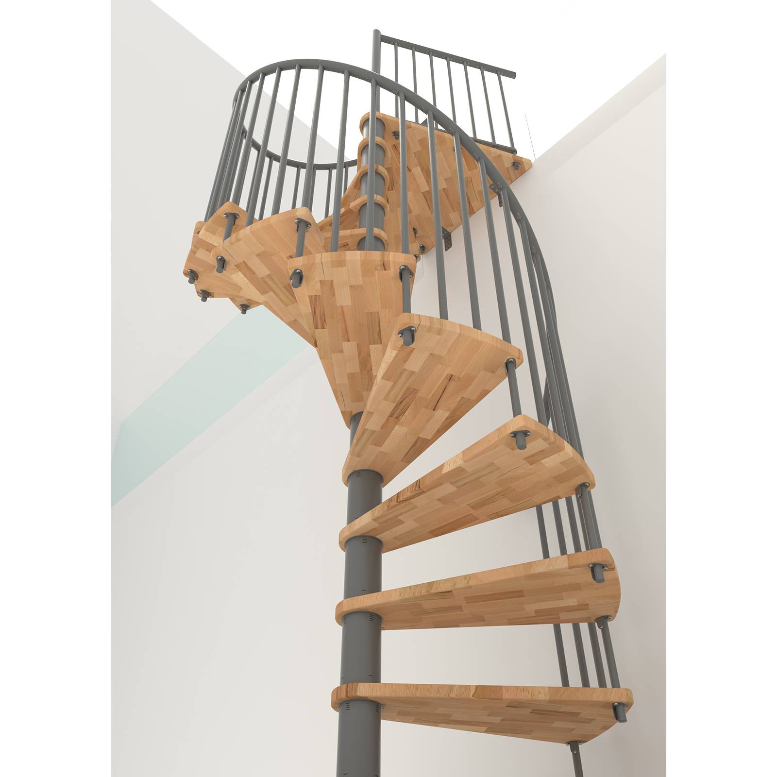 Minka Spindeltreppe Spiral Smart 38 - 305,5cm Geschosshöhe Buche Grau 140cm Durchmesser