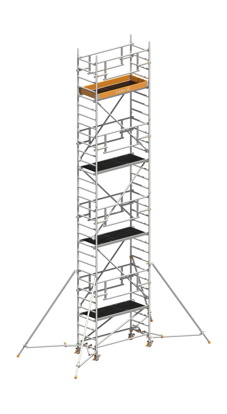 Layher Rollgerüst Uni Leicht P2 Safety Plus mit Doppelgeländer und ausziehbaren Gerüststützen 9,10m AH
