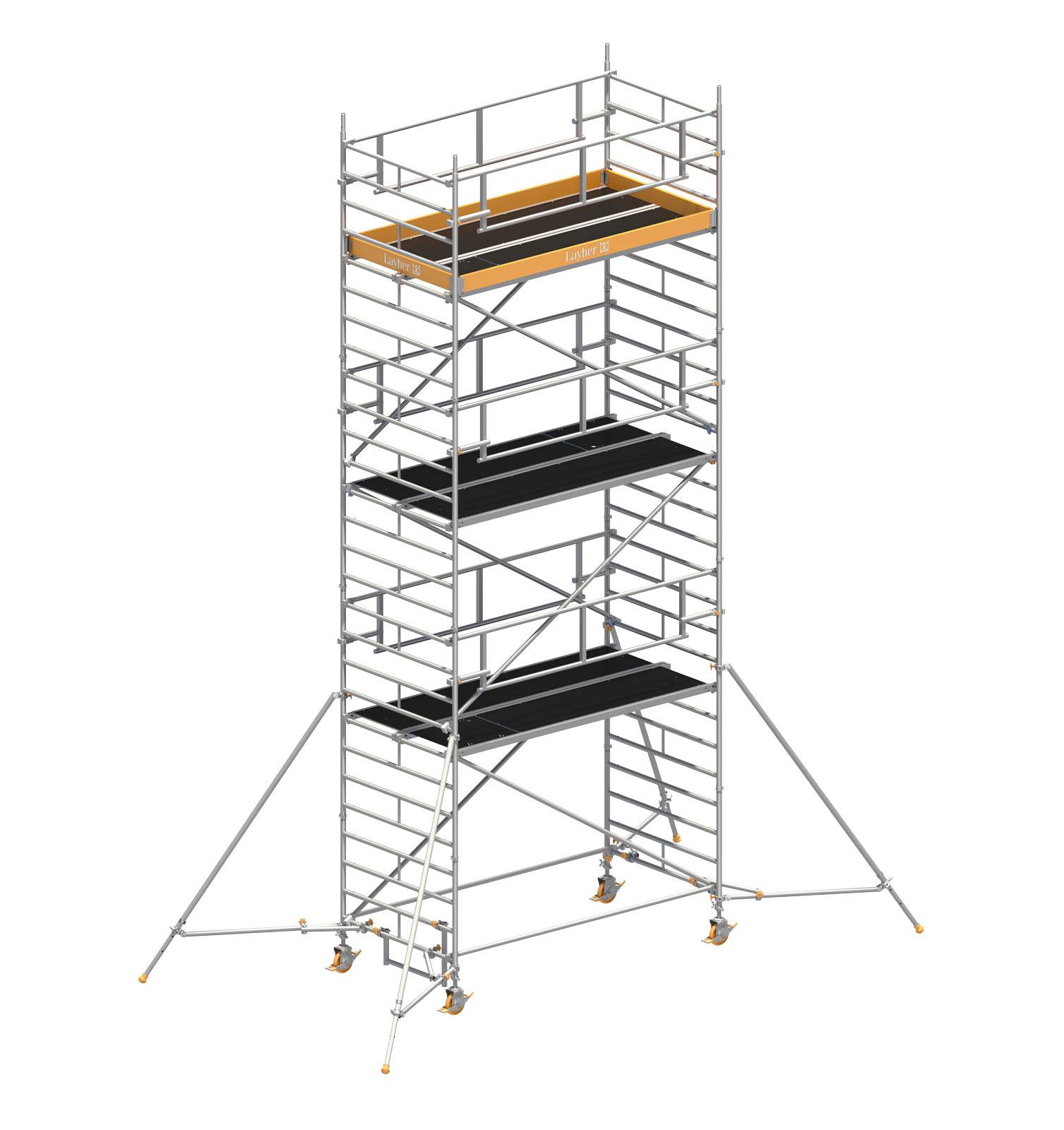 Layher Rollgerüst Uni Breit P2 Safety Plus mit Doppelgeländer und ausziehbaren Gerüststützen 8,20m AH