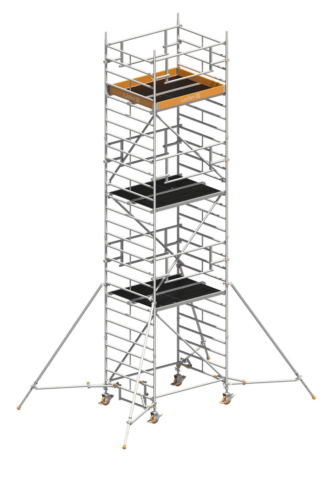 Layher Rollgerüst Uni Kompakt P2 Safety Plus mit Doppelgeländer und ausziehbaren Gerüststützen 8,20m AH