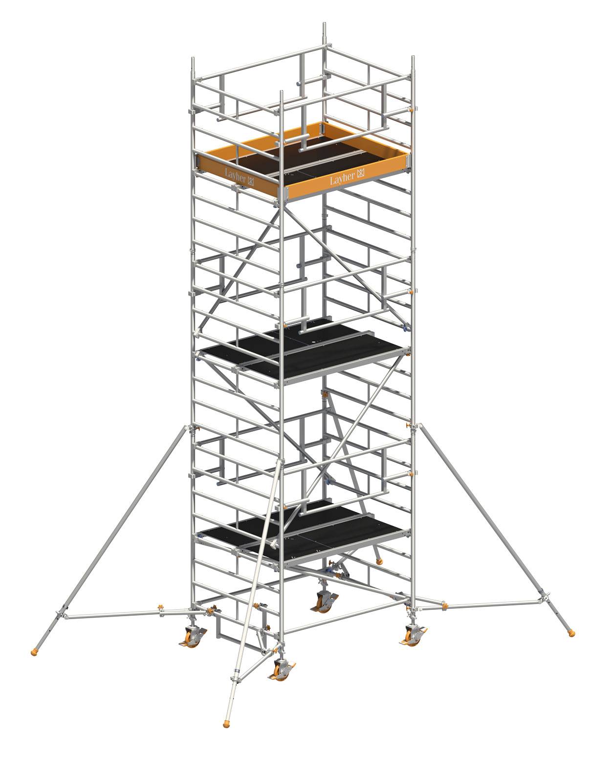 Layher Rollgerüst Uni Kompakt P2 Safety Plus mit Doppelgeländer und ausziehbaren Gerüststützen 7,20m AH