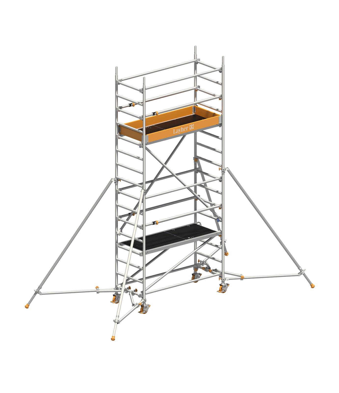 Layher Rollgerüst Uni Leicht mit Sicherheitsaufbau P2 und Uni Telegeländer sowie ausziehbaren Gerüststützen 5,10m AH