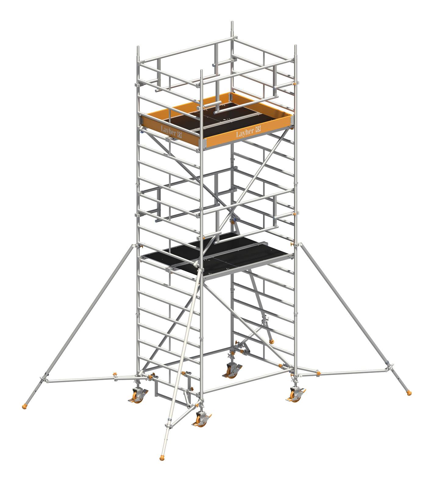 Layher Rollgerüst Uni Kompakt P2 Safety Plus mit Doppelgeländer und ausziehbaren Gerüststützen 6,20m AH