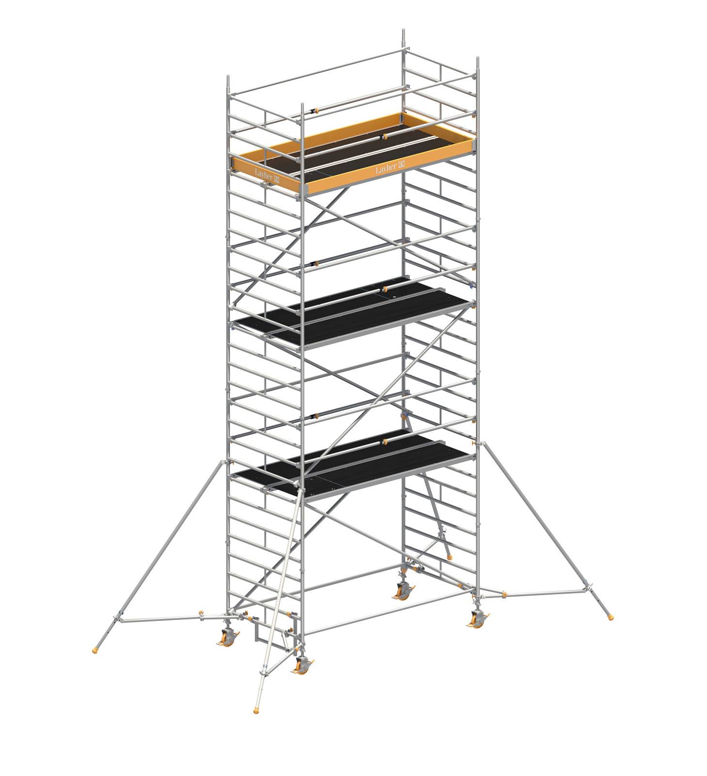 Layher Rollgerüst Uni Breit Sicherheitsaufbau P2 mit Uni Telegeländer und ausziehbaren Gerüststützen 8,20m AH