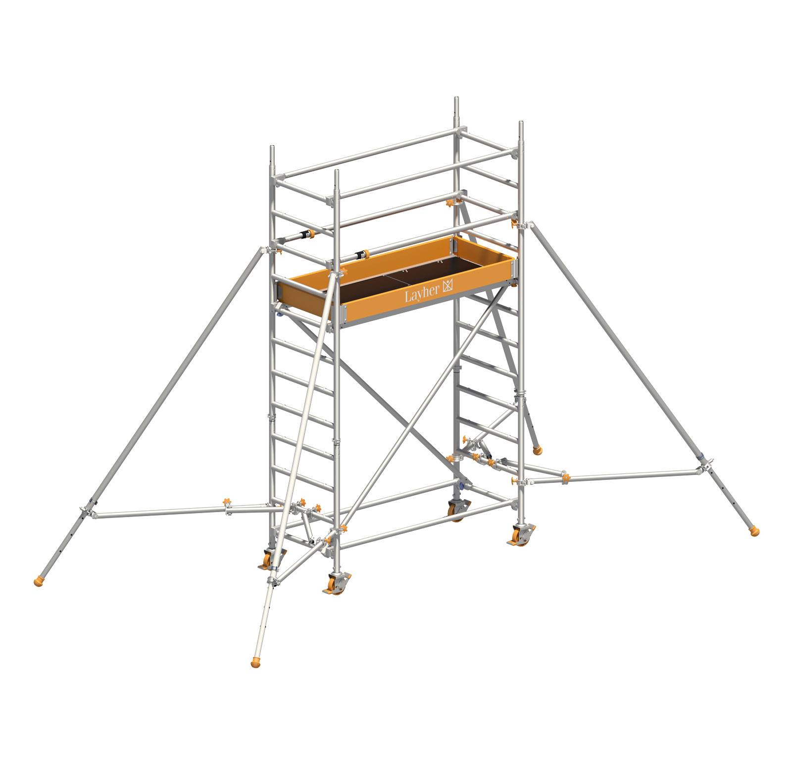 Layher Rollgerüst Uni Leicht mit Sicherheitsaufbau P2 und Uni Telegeländer sowie ausziehbaren Gerüststützen 4,10m AH