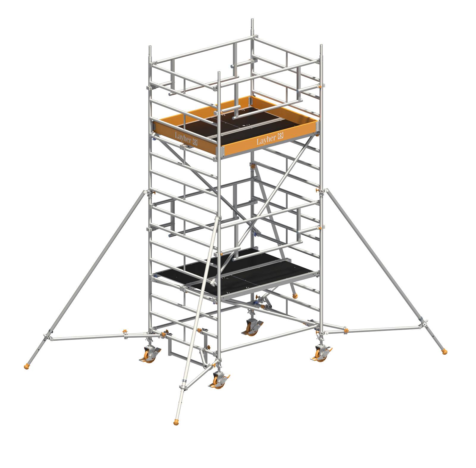 Layher Rollgerüst Uni Kompakt P2 Safety Plus mit Doppelgeländer und ausziehbaren Gerüststützen 5,20m AH
