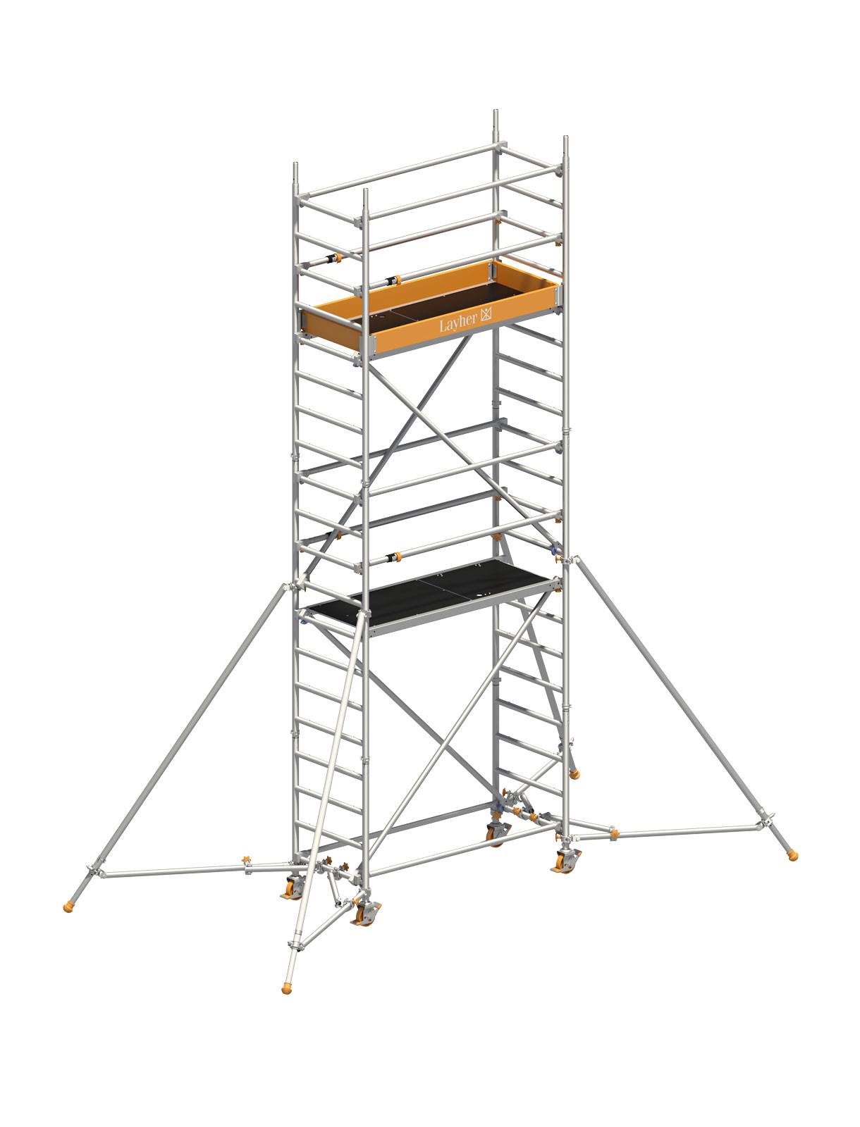 Layher Rollgerüst Uni Leicht mit Sicherheitsaufbau P2 und Uni Telegeländer sowie ausziehbaren Gerüststützen 6,10m AH